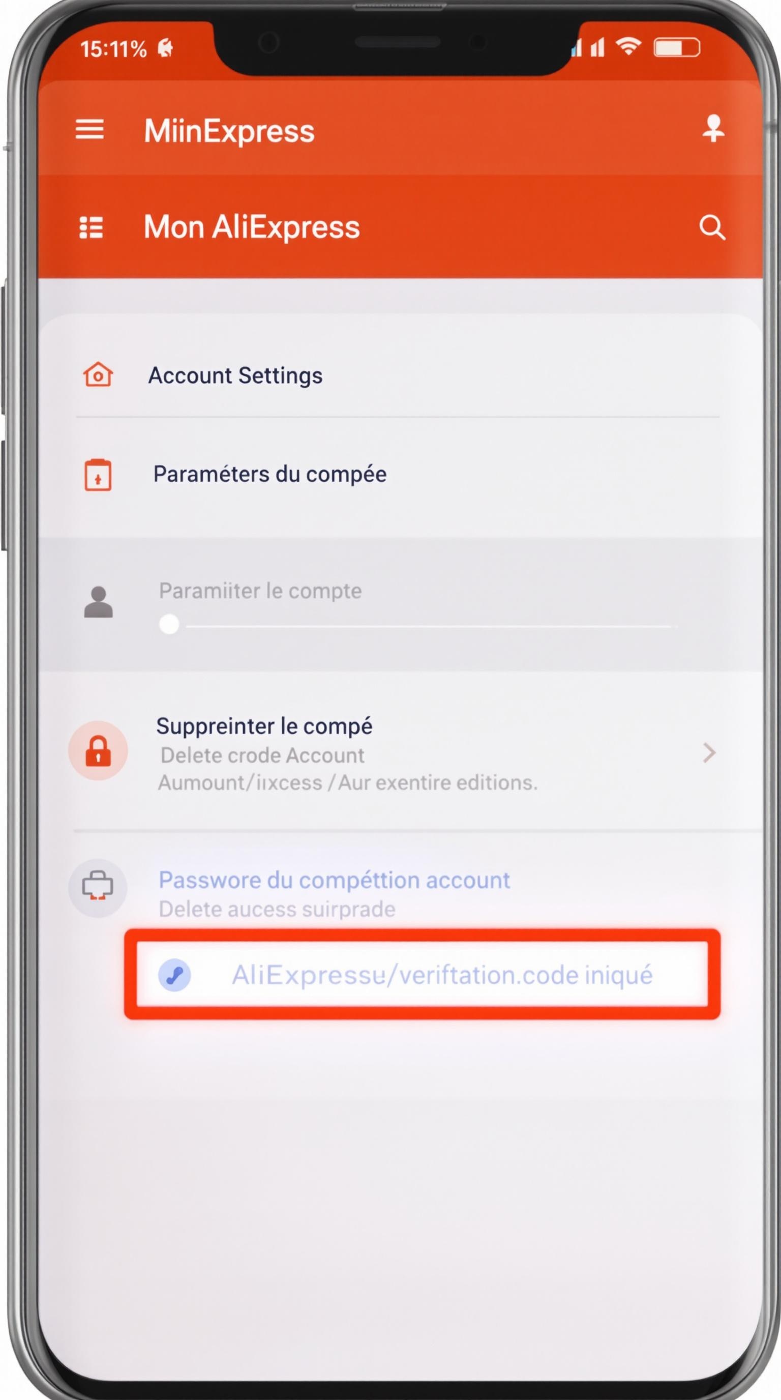 Interface de suppression de compte AliExpress sur Android