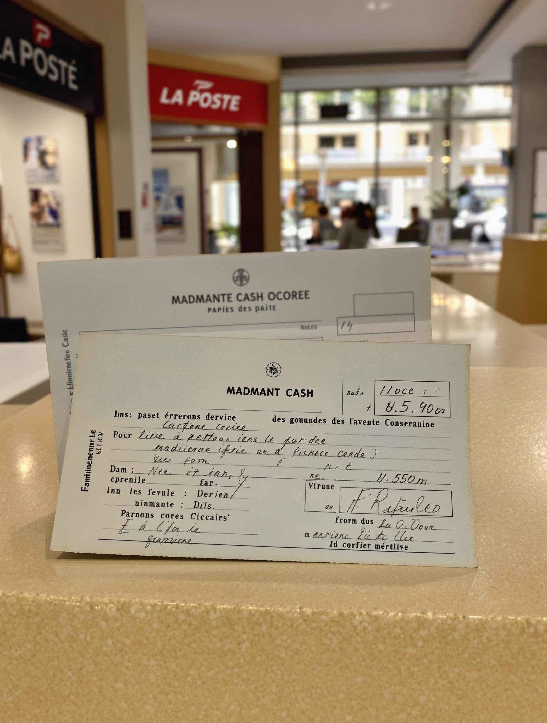 Formulaire papier de mandat cash La Poste sur un comptoir de bureau de poste