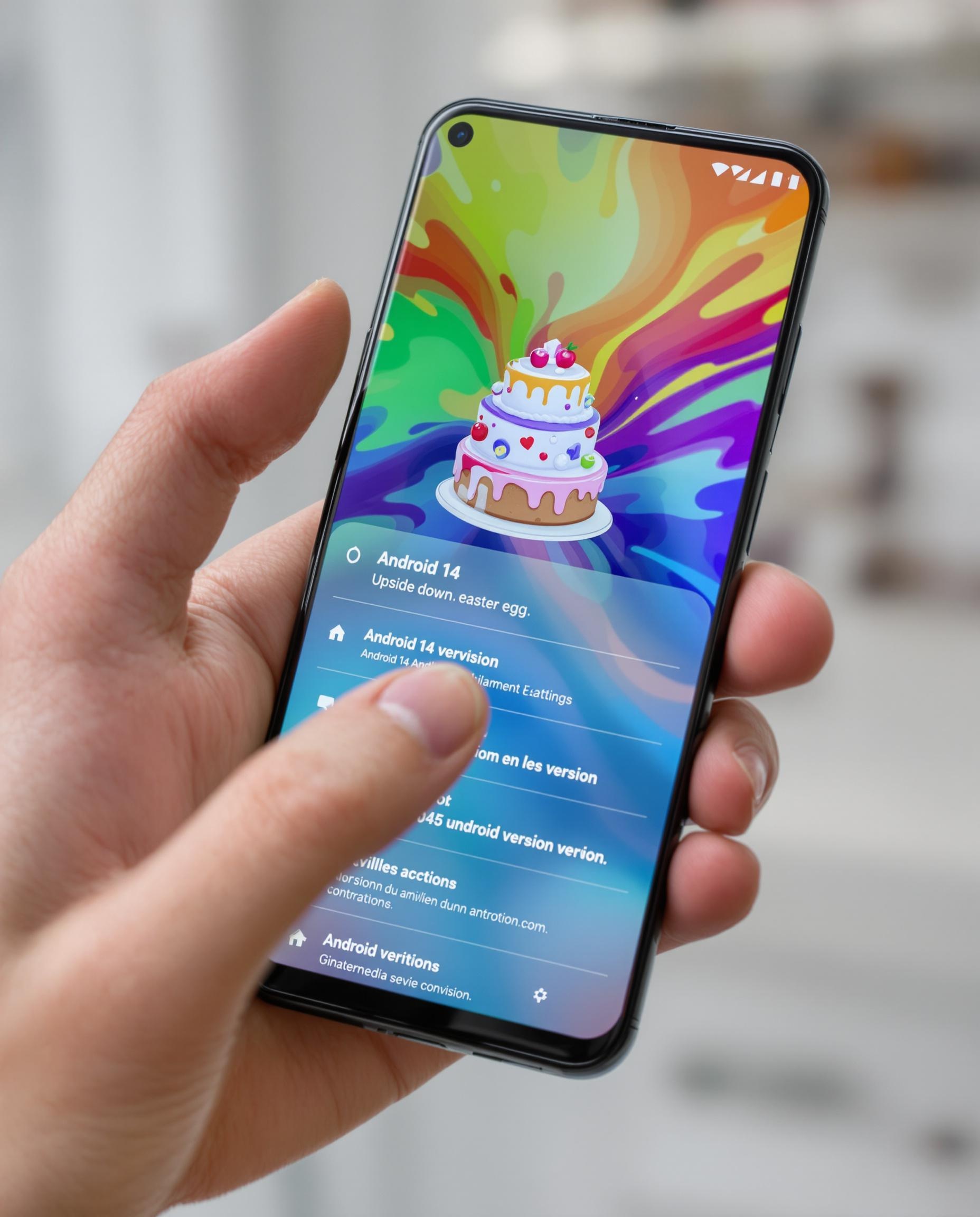 Smartphone affichant l’Easter Egg Android 14 Upside-Down Cake