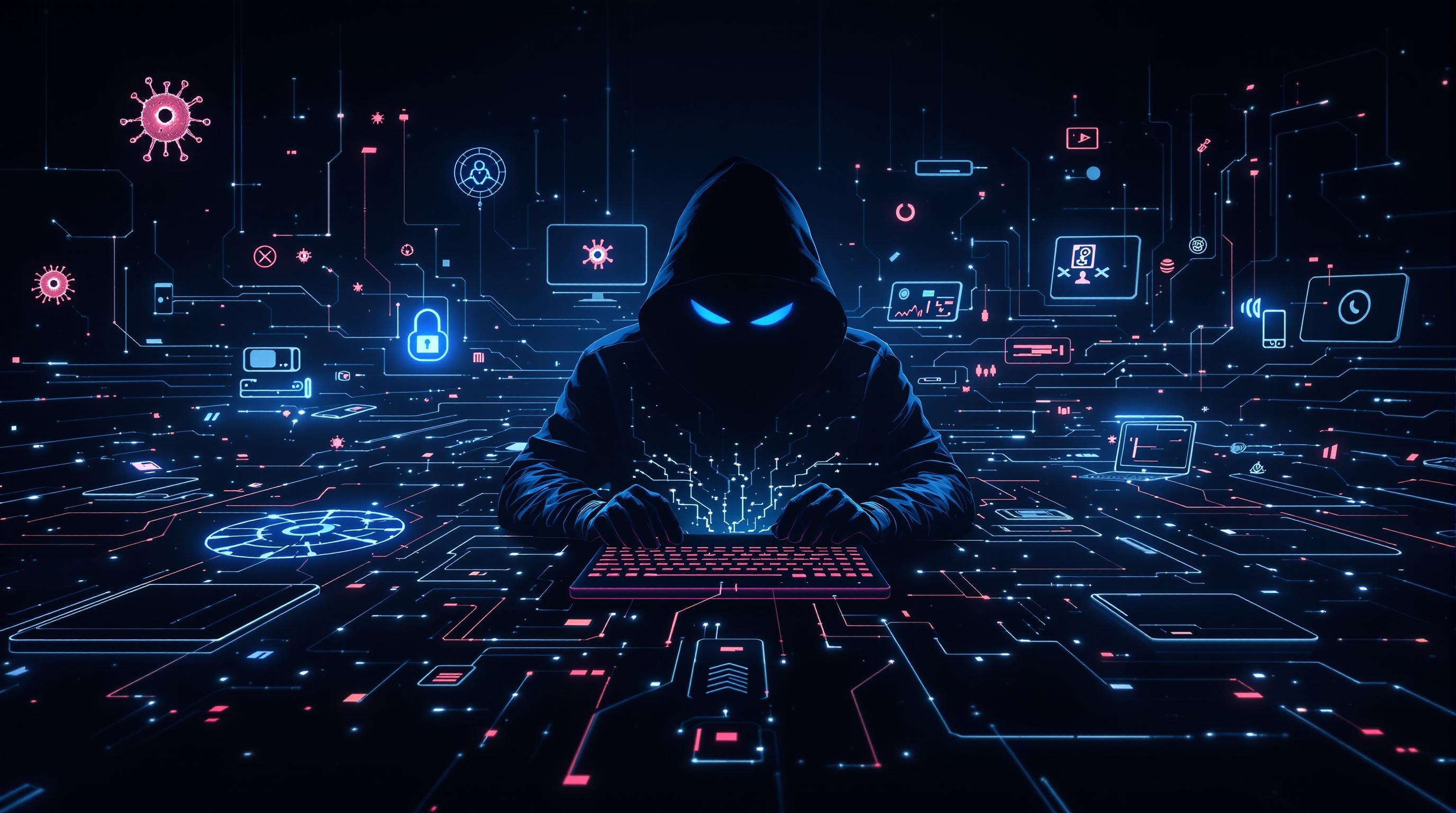 Illustration de l'arsenal d'un cybercriminel avec réseaux et outils connectés