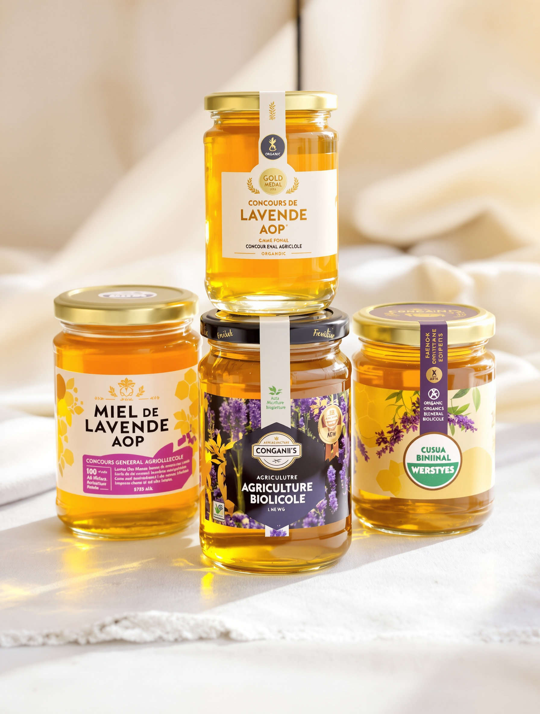 Un assortiment de pots de miel avec étiquettes professionnelles affichant 'Miel de Lavande AOP', médaille Concours Général Agricole et logo Bio – le marketing par l’étiquette.
