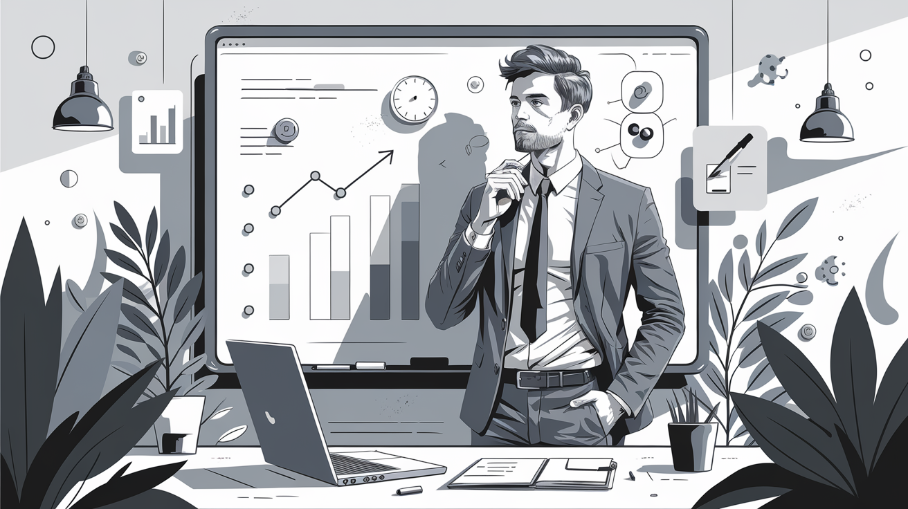 Auto-entrepreneur réfléchissant à ses besoins de formation devant un tableau blanc avec des icônes de croissance, temps et compétences.