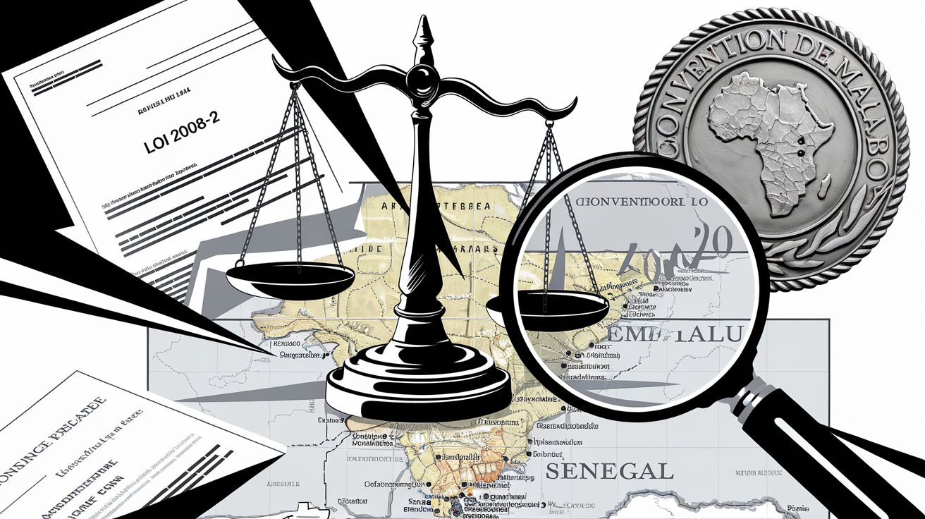 Balance de justice sur carte du Sénégal, papiers épars, loupe sur 'loi 2008-12', sceau africain 'Convention de Malabo'