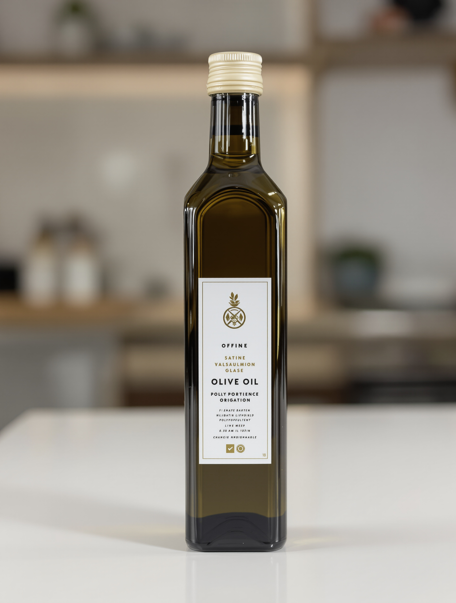 Étiquette fonctionnelle sur bouteille d'huile d'olive – design épuré et lisible