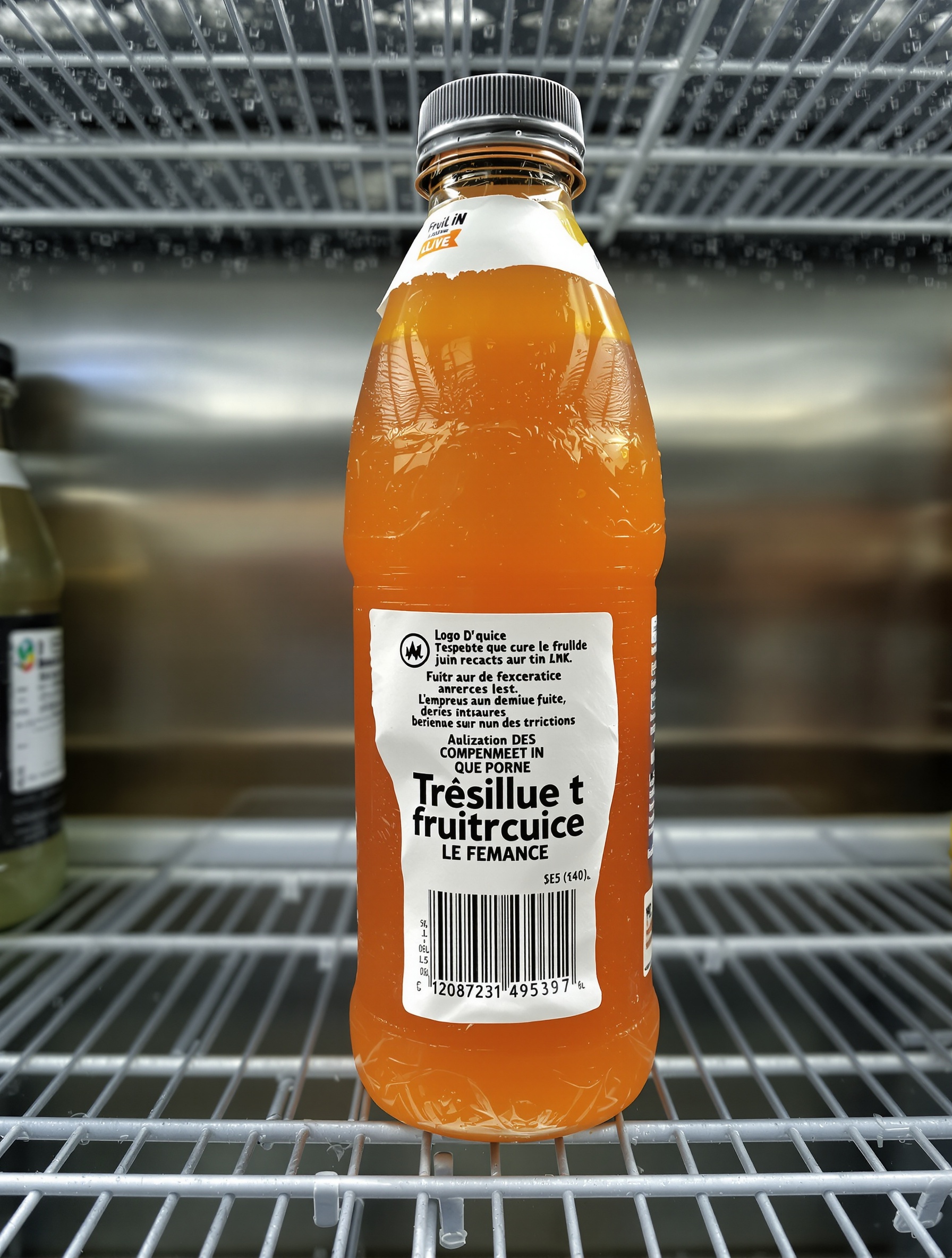 Étiquette décollée sur bouteille réfrigérée ; code-barres illisible ; encre coulée.