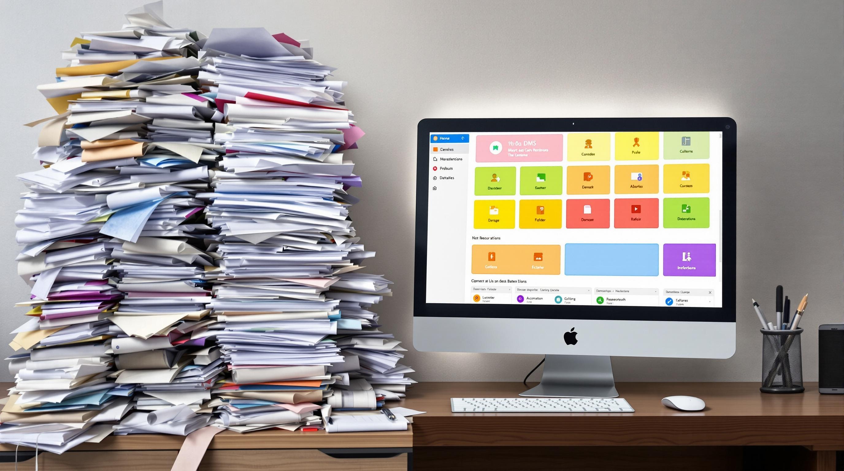 Comparaison entre un bureau désorganisé et une interface GED structurée