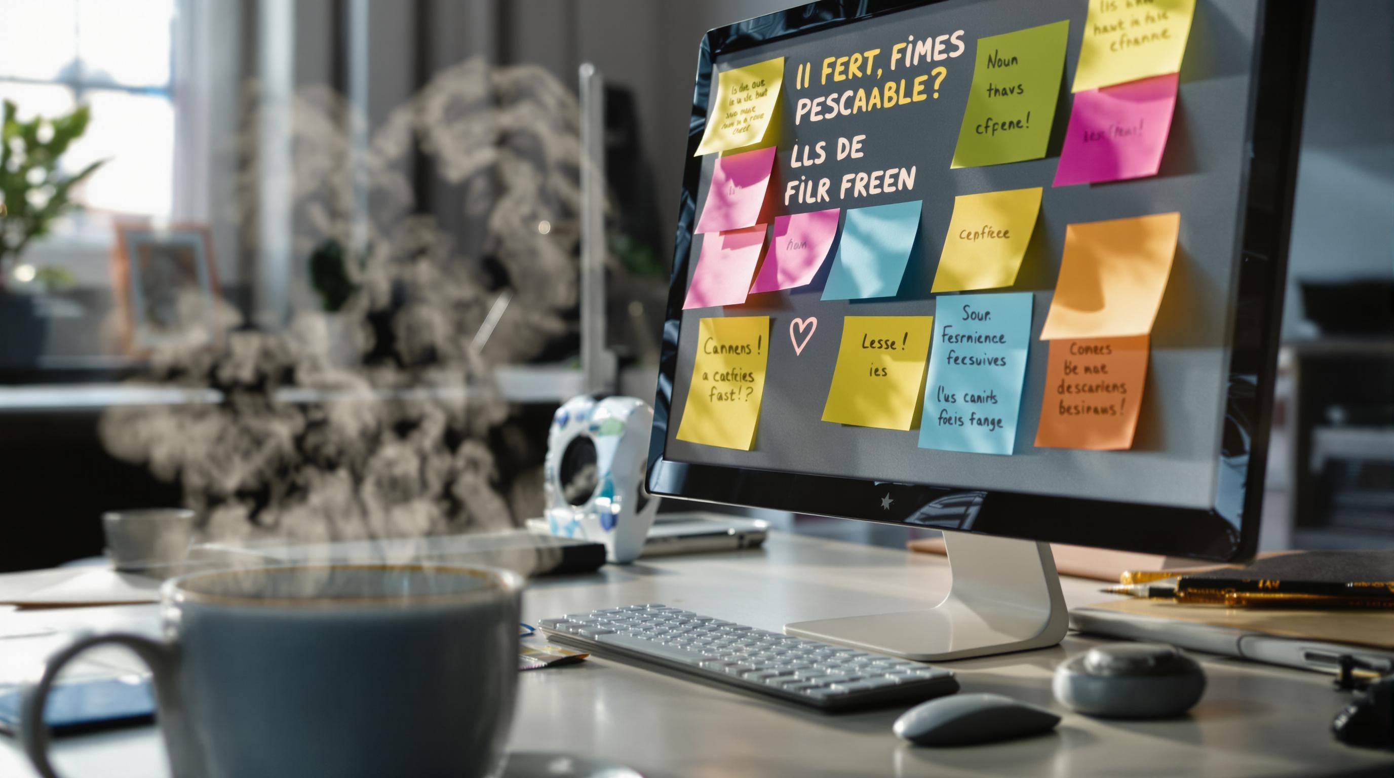 Un bureau désert au petit matin, tasse de café fumante et post-it collés avec citation motivante visible