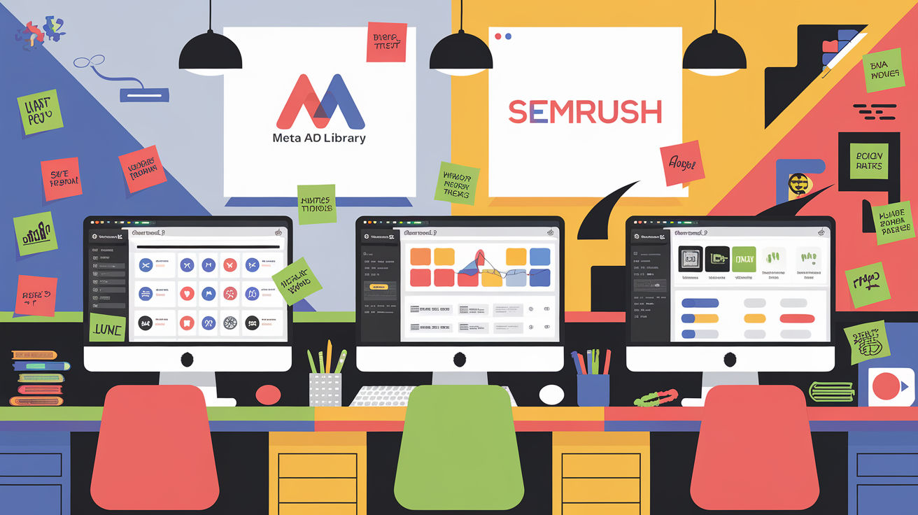 Trois écrans montrant des outils d'espionnage publicitaire comme Meta, SEMrush et SimilarWeb