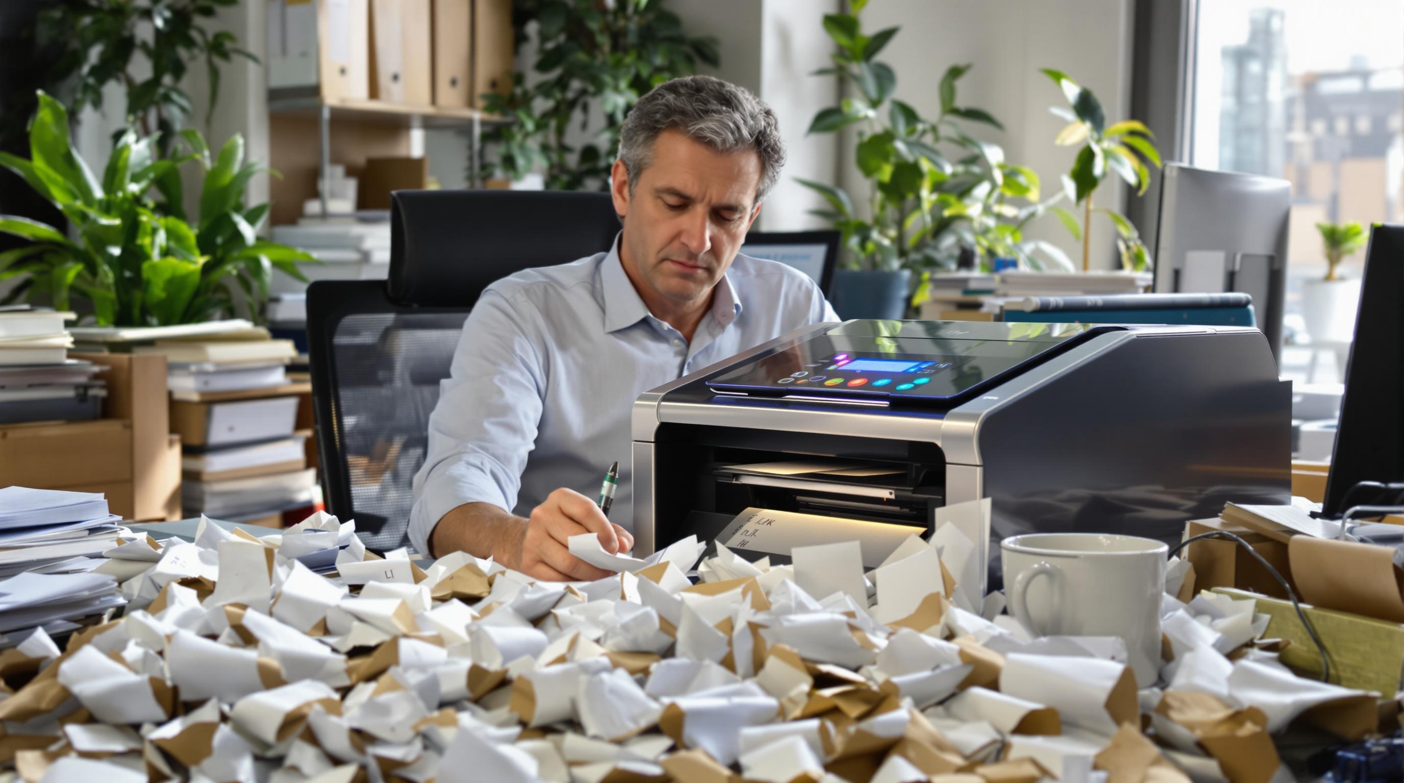 Un dirigeant de PME débordé entouré d'étiquettes manuscrites et d'une imprimante moderne sur le bureau.