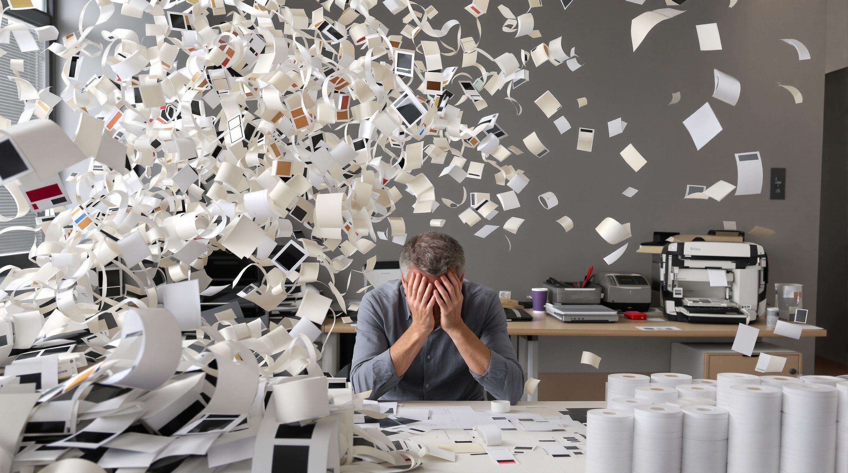 Un bureau de PME avec une imprimante grand public débordée, des étiquettes qui s'envolent, un responsable catastrophé, et au fond une étiqueteuse professionnelle impeccable.