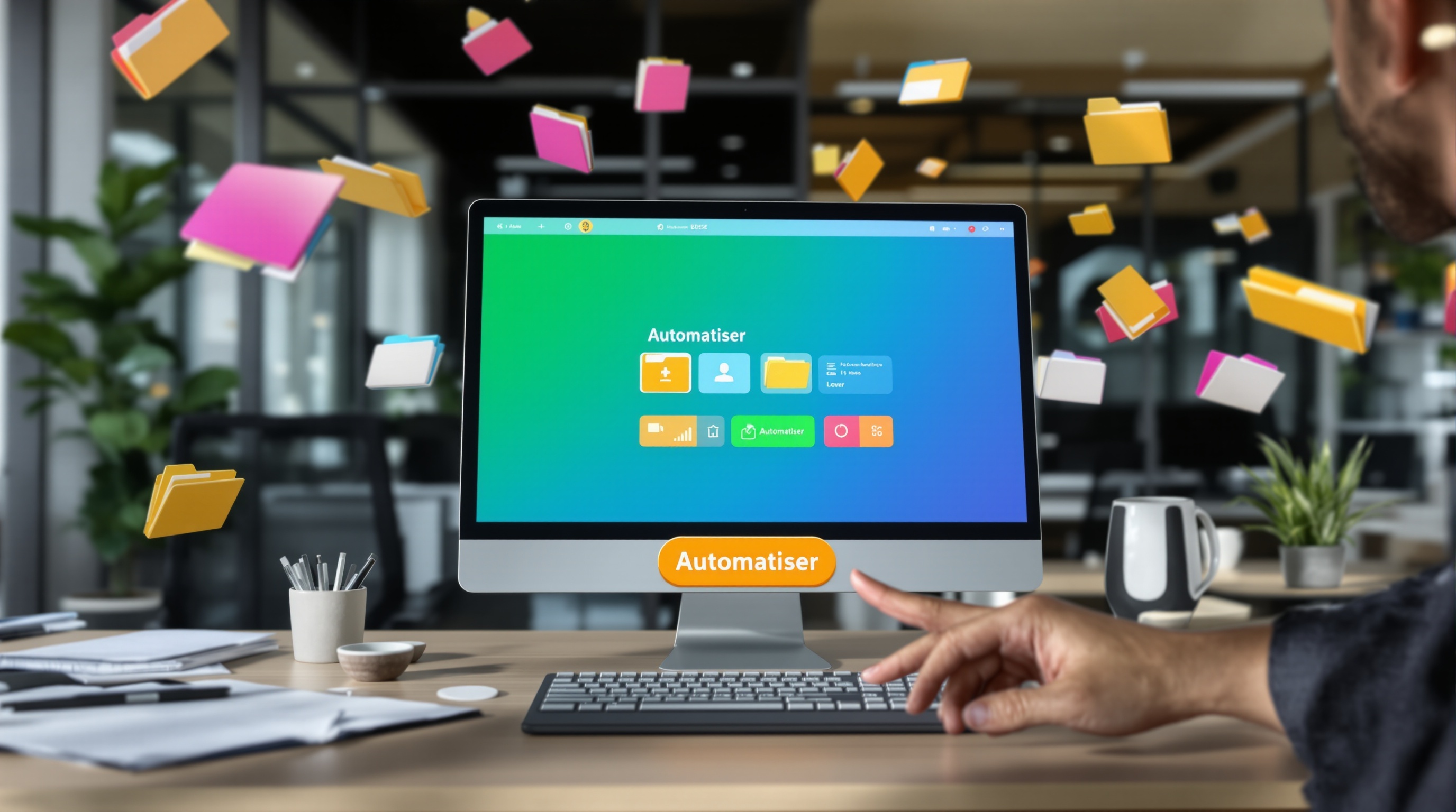 Interface SaaS colorée pour BDESE online : dirigeant soulagé devant son écran qui gère tout en quelques clics.