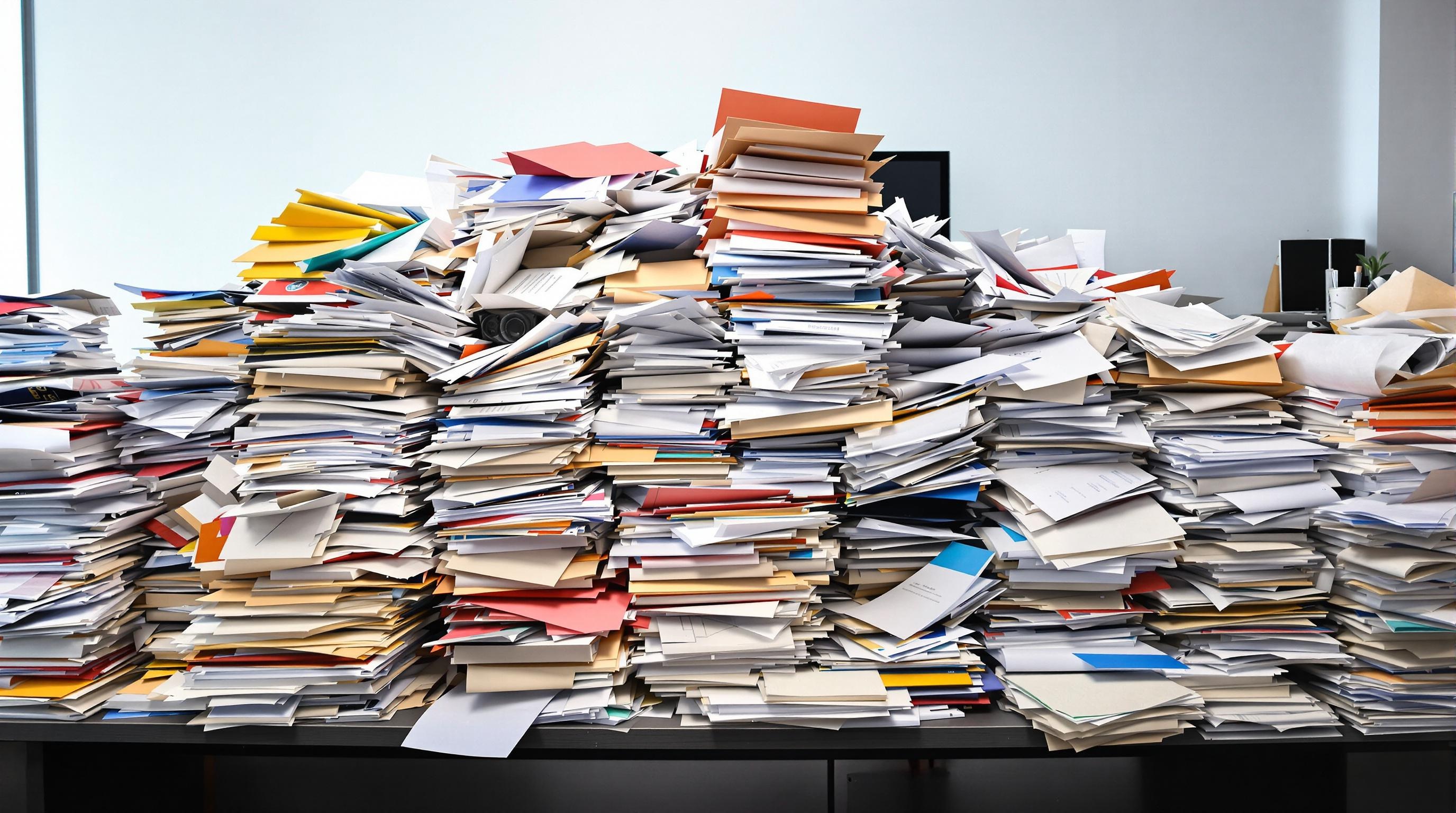 Image d'un bureau saturé de dossiers papier, illustrant la nécessité de la transition numérique.