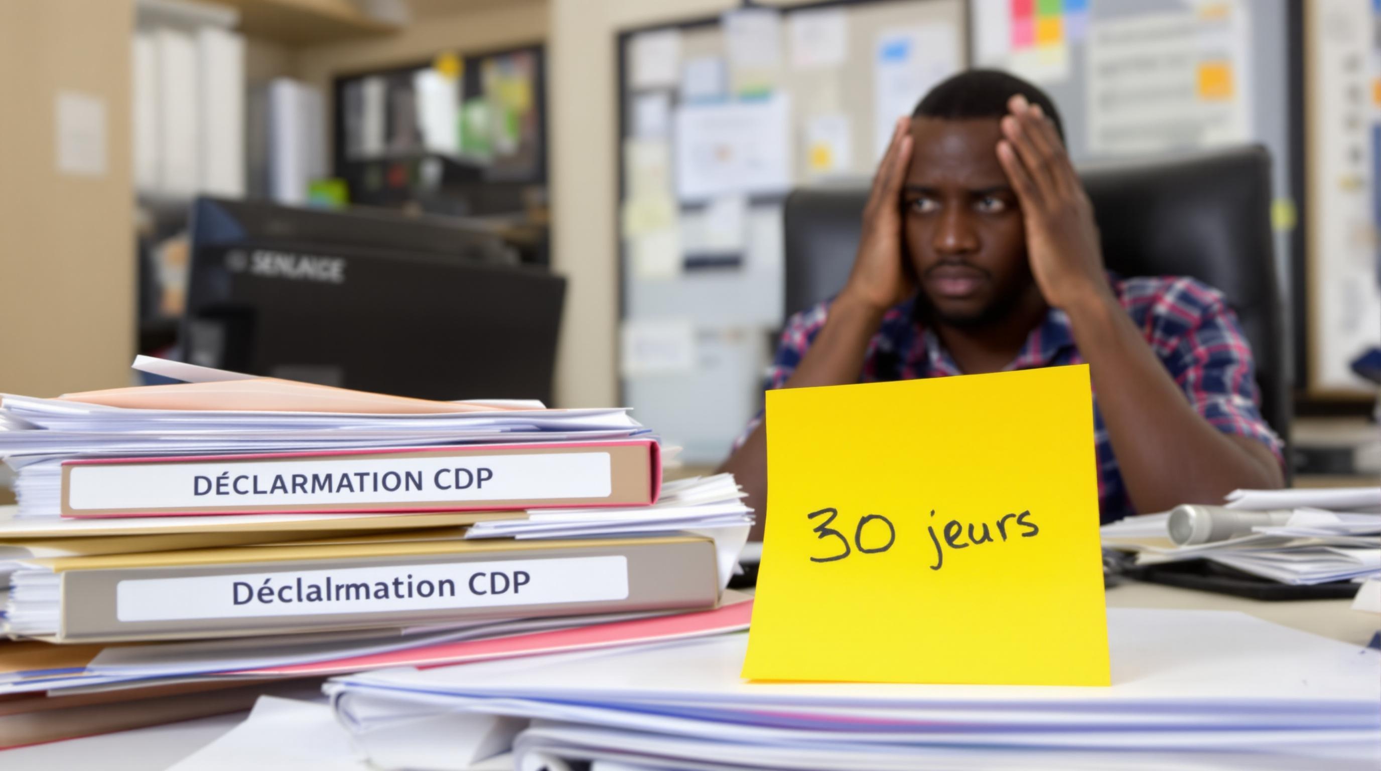 Employé sénégalais stressé devant son ordinateur avec des dossiers marqués 'Déclaration CDP', post-it '30 jours', ambiance conforme