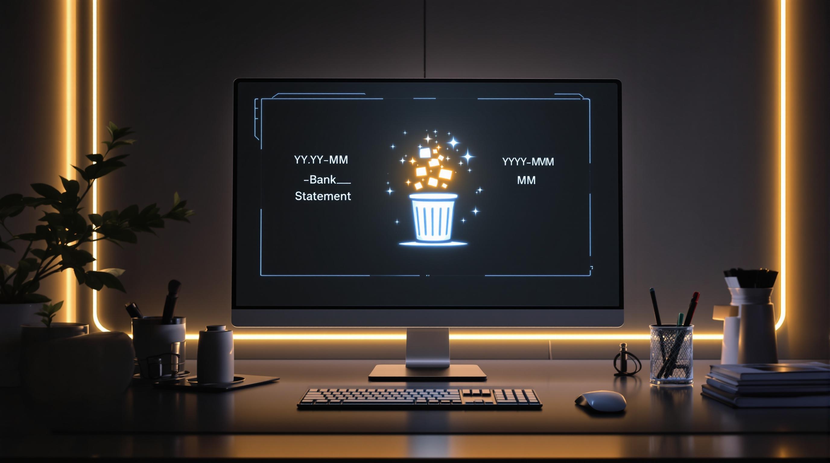 bureau ultra-moderne affichant dossiers numériques AAAA-MM-Relevé_Banque et corbeille virtuelle sarcastique