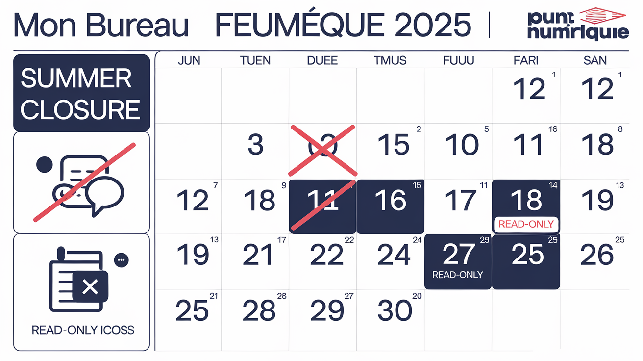 Calendrier fermeture Mon Bureau Numérique été 2025 services down