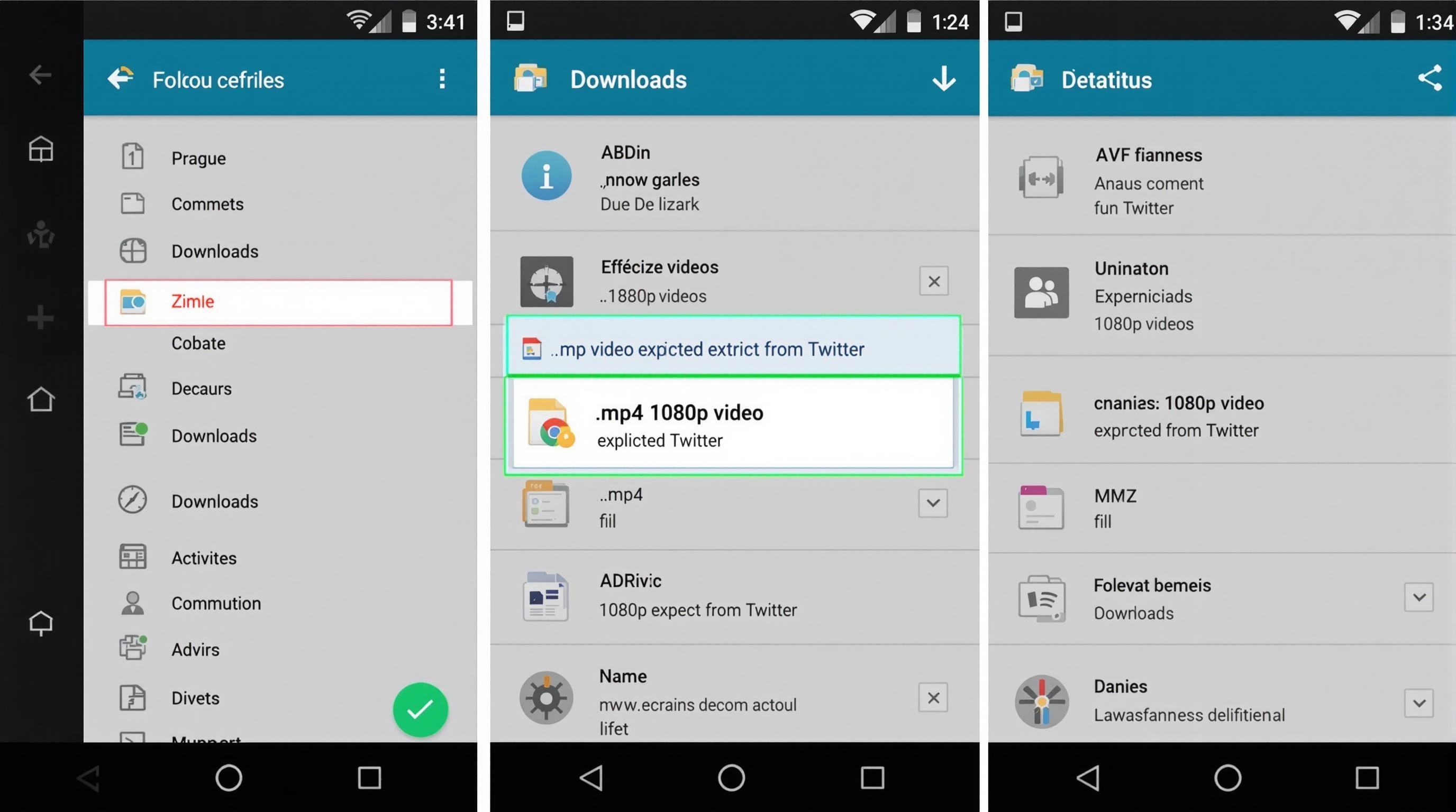 Affichage du dossier Downloads Android avec une vidéo Twitter 1080p