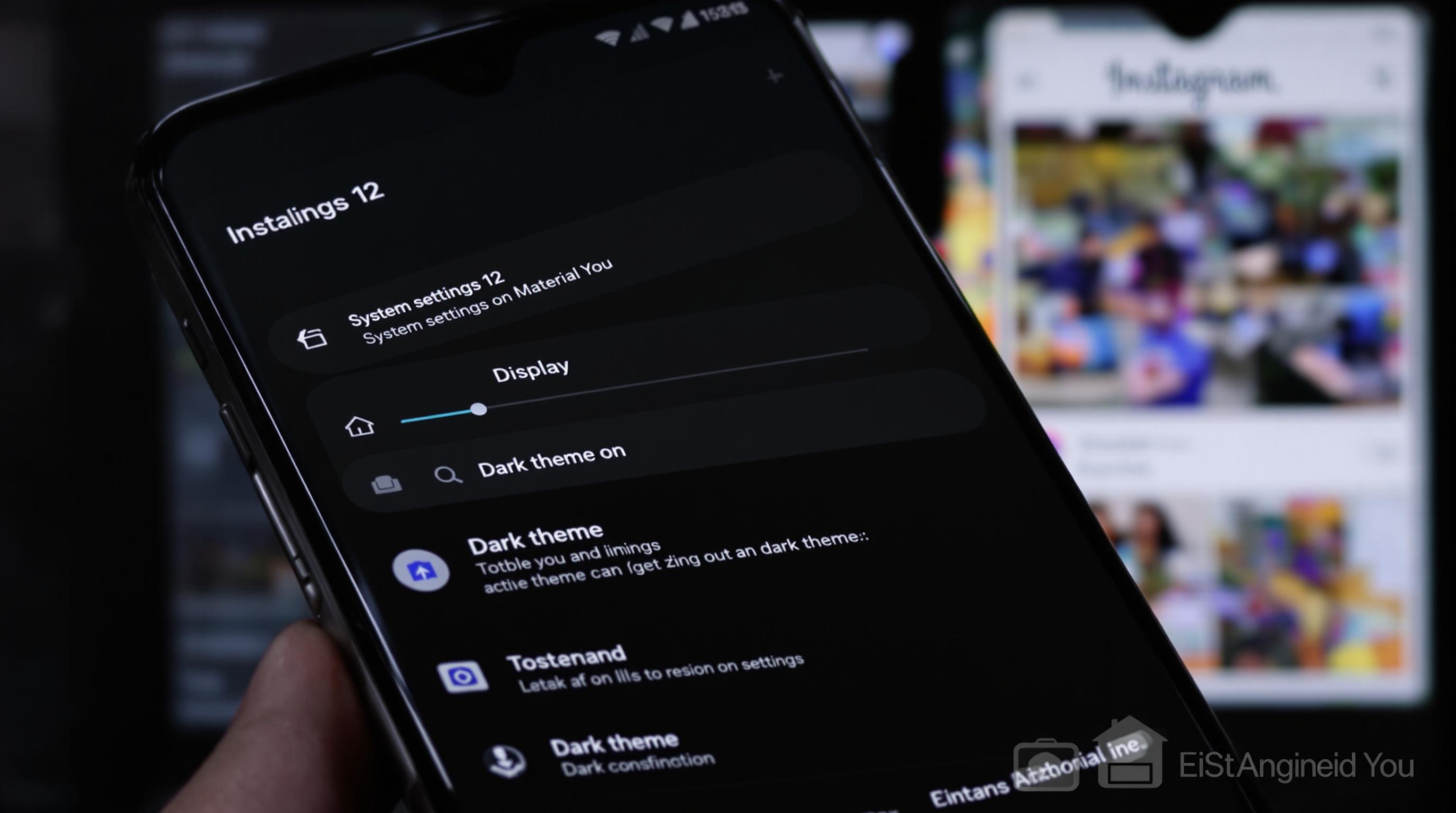 Menu Android 12 avec l’option Thème sombre activée pour Instagram