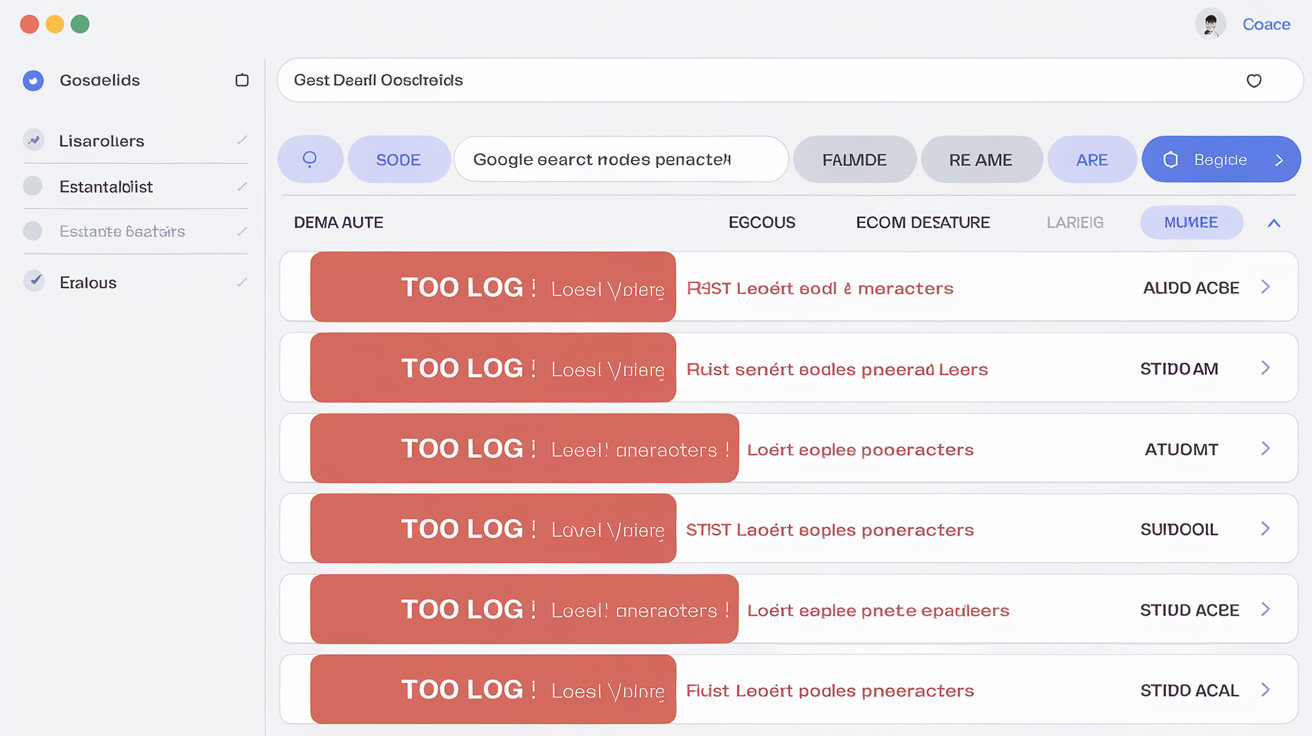 Dashboard Google Search Console signalant des URLs trop longues avec des lignes rouges.