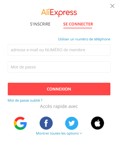 Formulaire de connexion AliExpress avec email et mot de passe