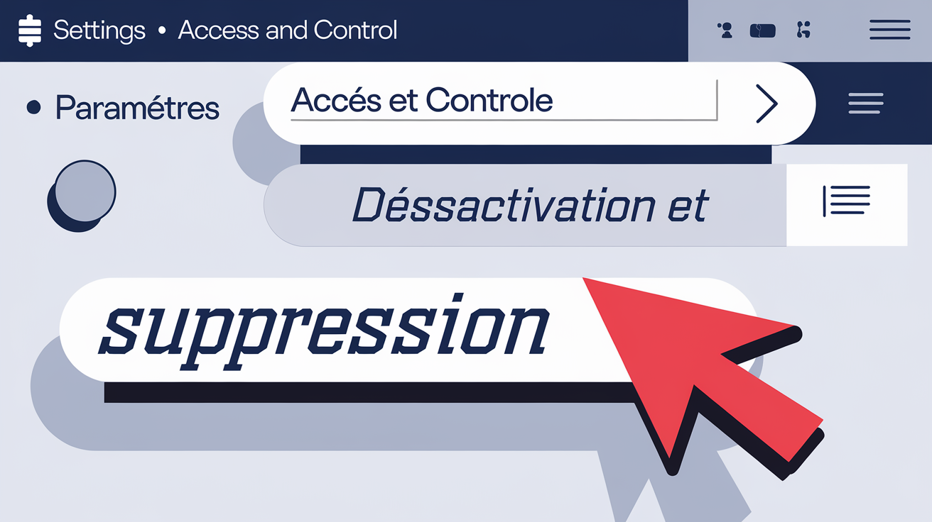 Capture écran stylisée montrant le menu Paramètres > Accès et contrôle dans Meta Business Suite, curseur rouge pointant ‘Désactivation et suppression’.