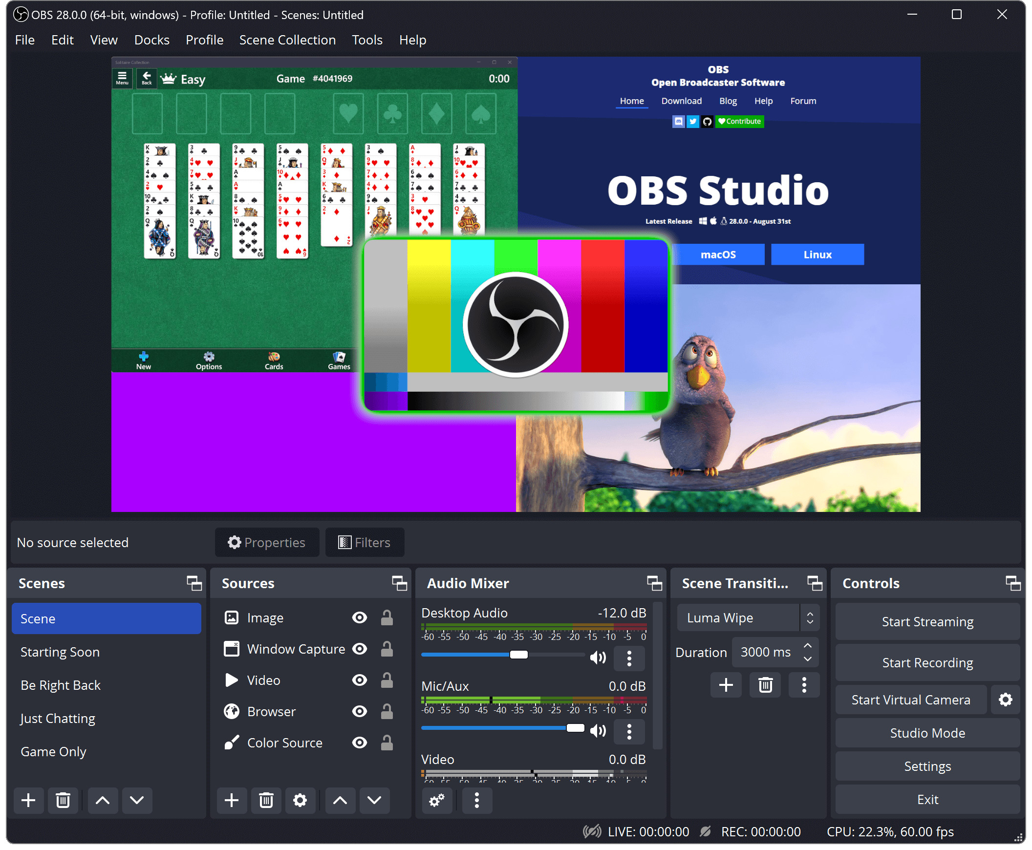 Interface OBS Studio 30.0 avec scènes multiples et statistiques CPU à 4 %.