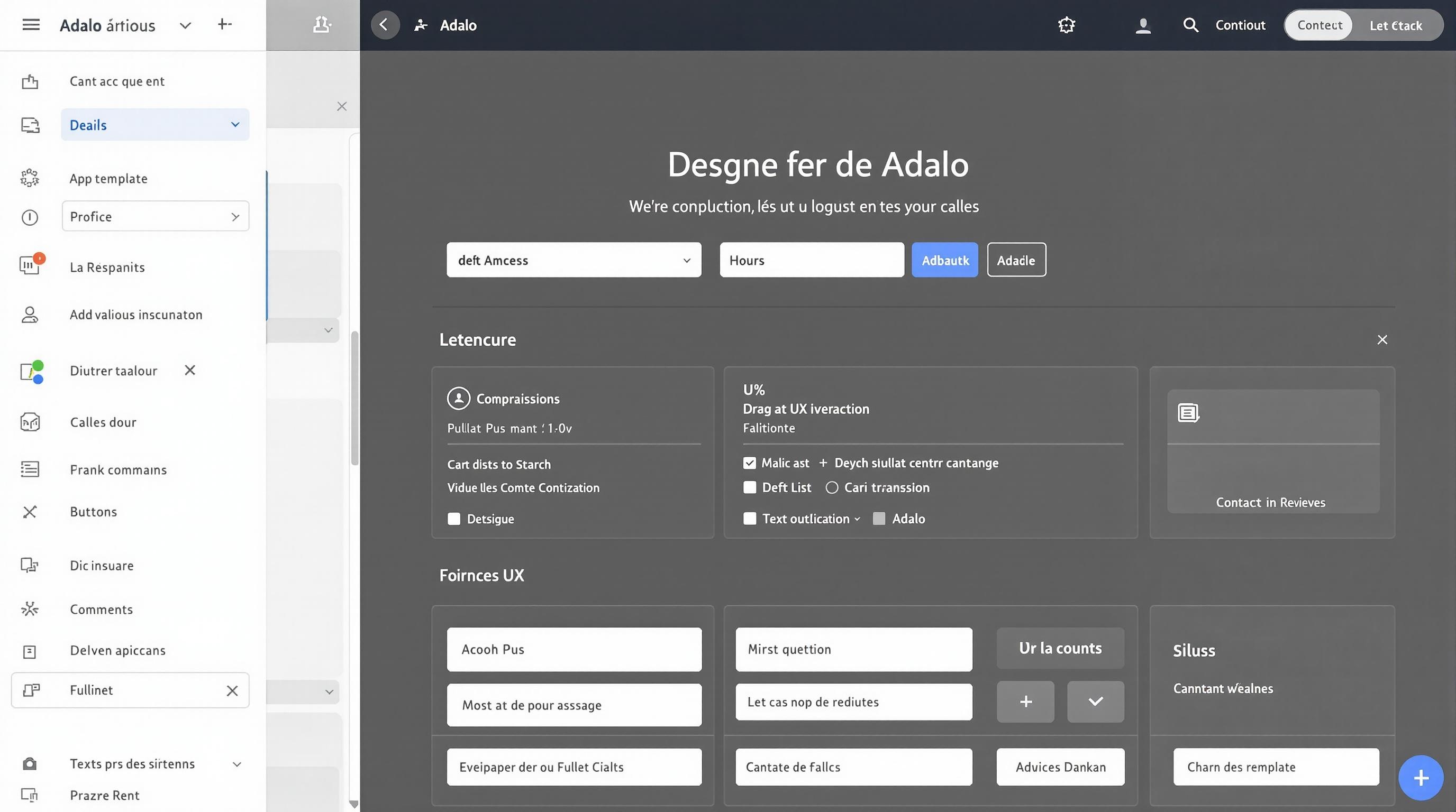 Aperçu d'un template Adalo configuré avec des composants UX