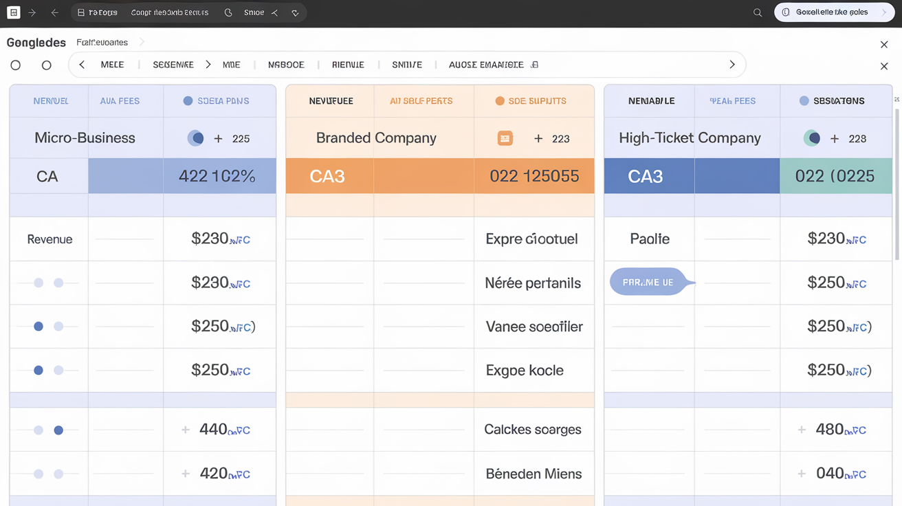 Simulation de profit net selon trois structures juridiques dans un Google Sheets