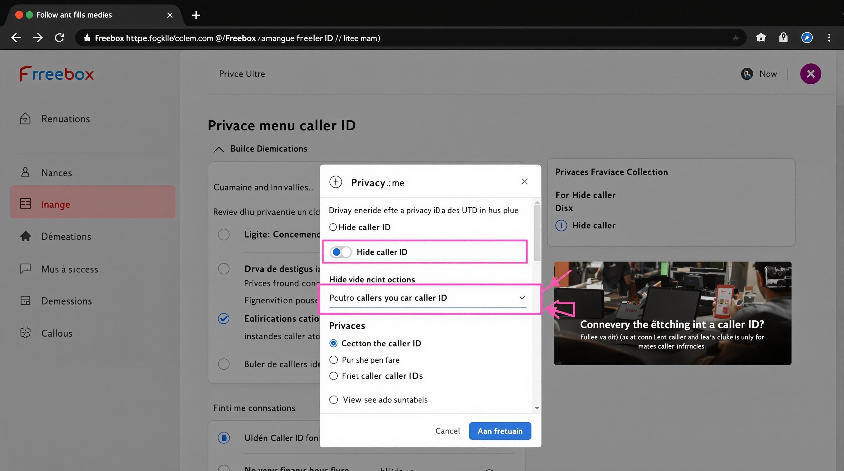 Menu confidentialité Freebox option masquage