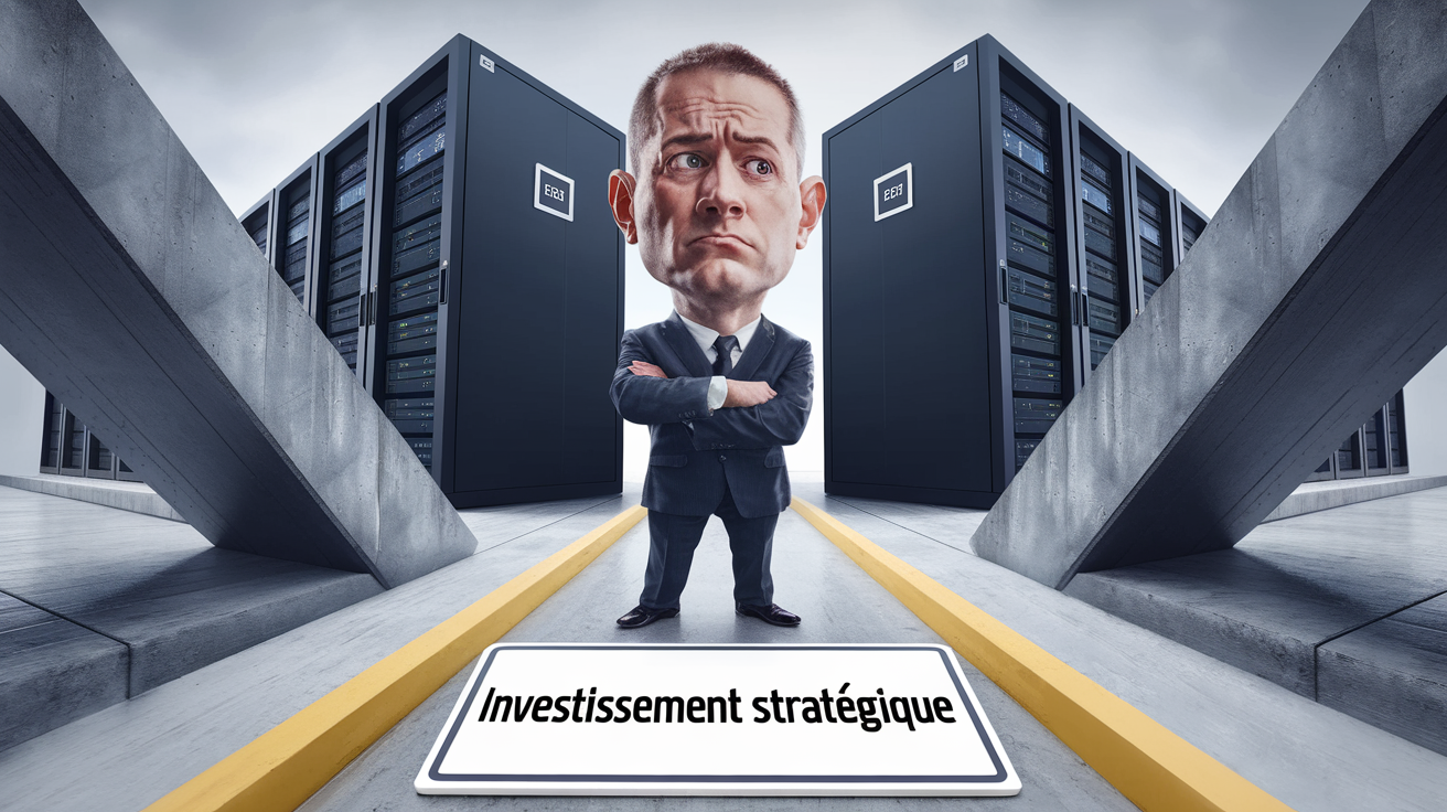 Chef d'entreprise PME devant datacenter investissement stratégique illustration satirique