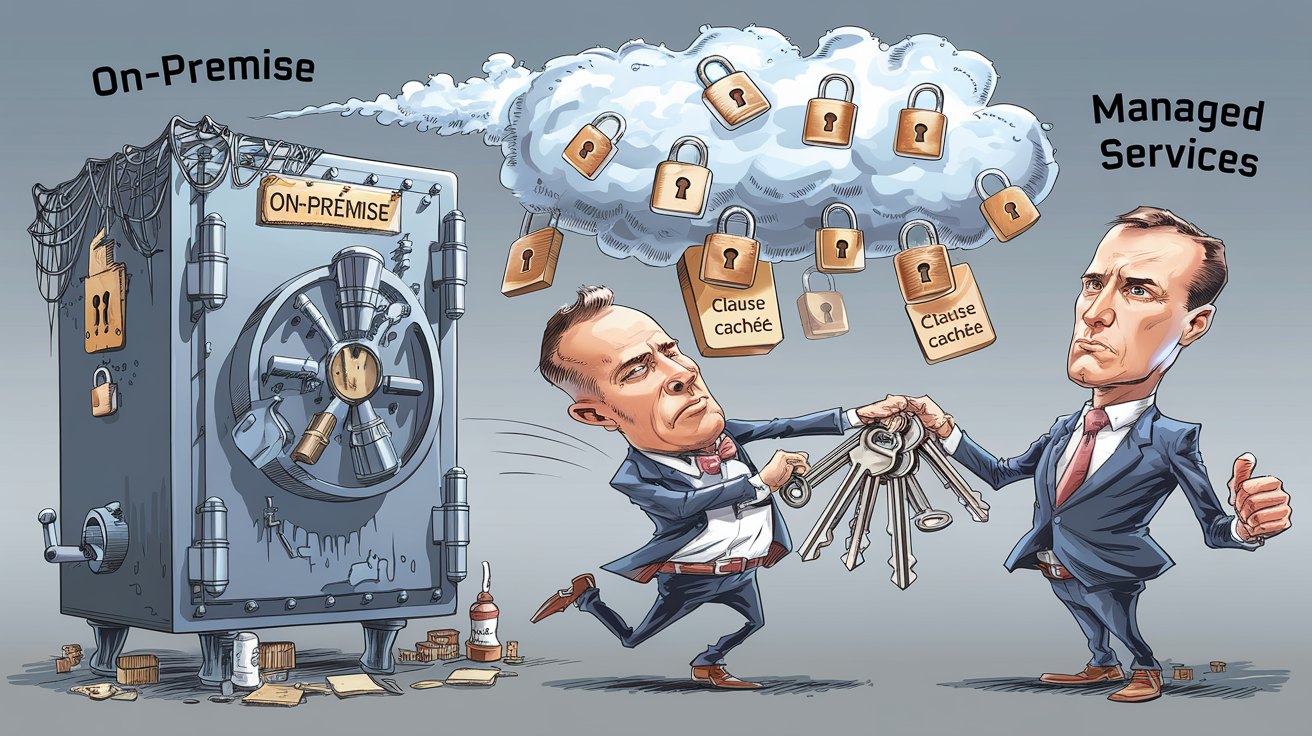 Caricature trois types de datacenters on-premise cloud managé ironique