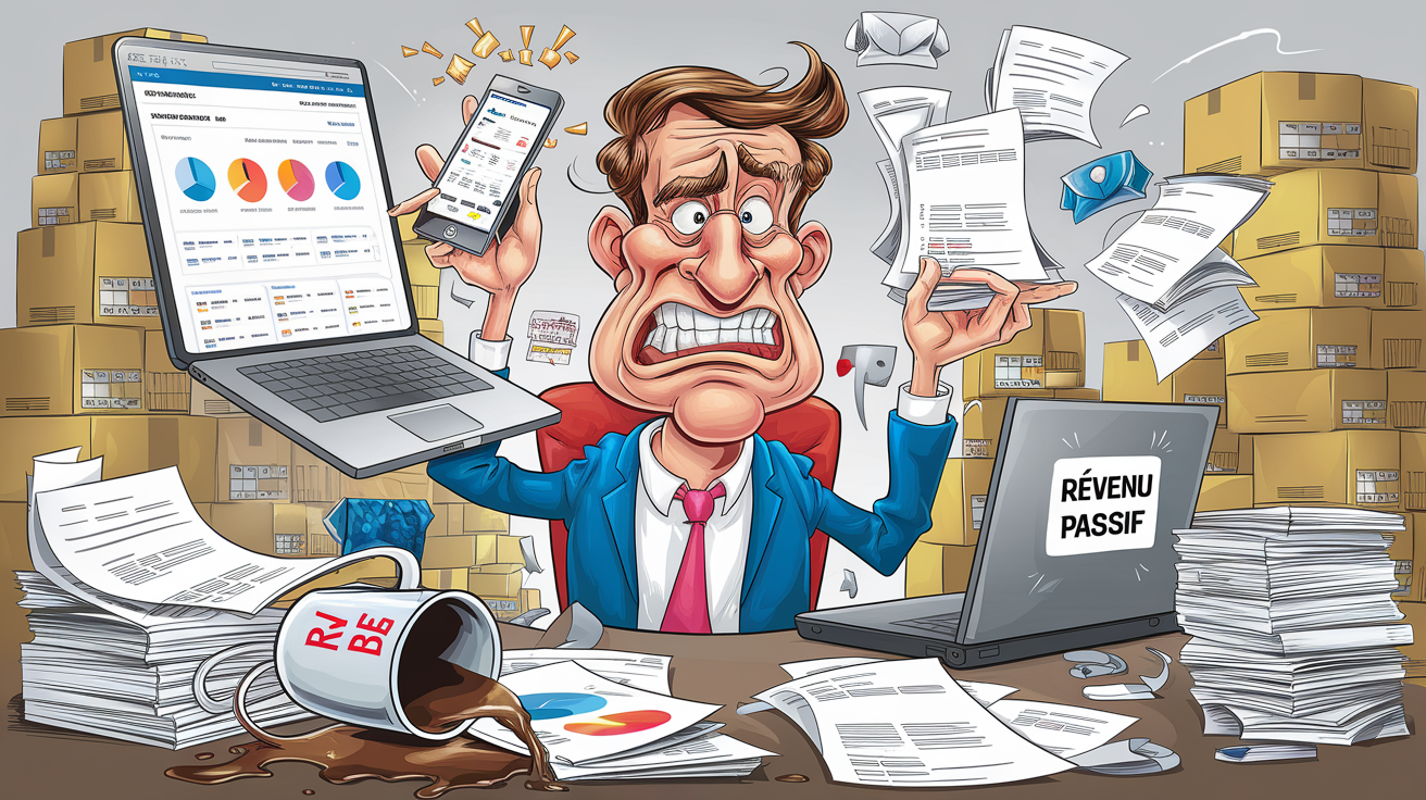 Caricature d’un dropshipper multitâche : notifications, colis Printful et tasse 'revenu passif' renversée