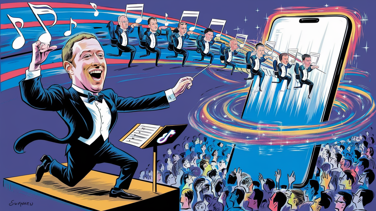 Illustration de Zuckerberg orchestrant Reels pour concurrencer TikTok