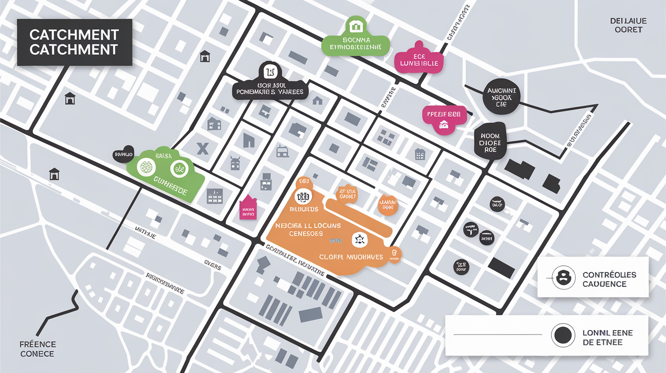 Carte stylisée zone de chalandise avec centres commerciaux et zones résidentielles