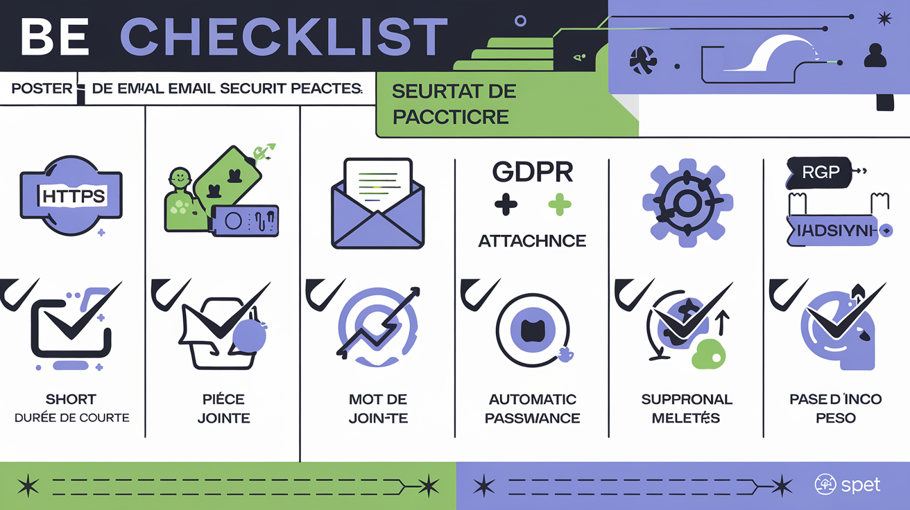 Illustration d'une checklist pour la sécurité des mails jetables, incluant HTTPS, TTL et conformité RGPD