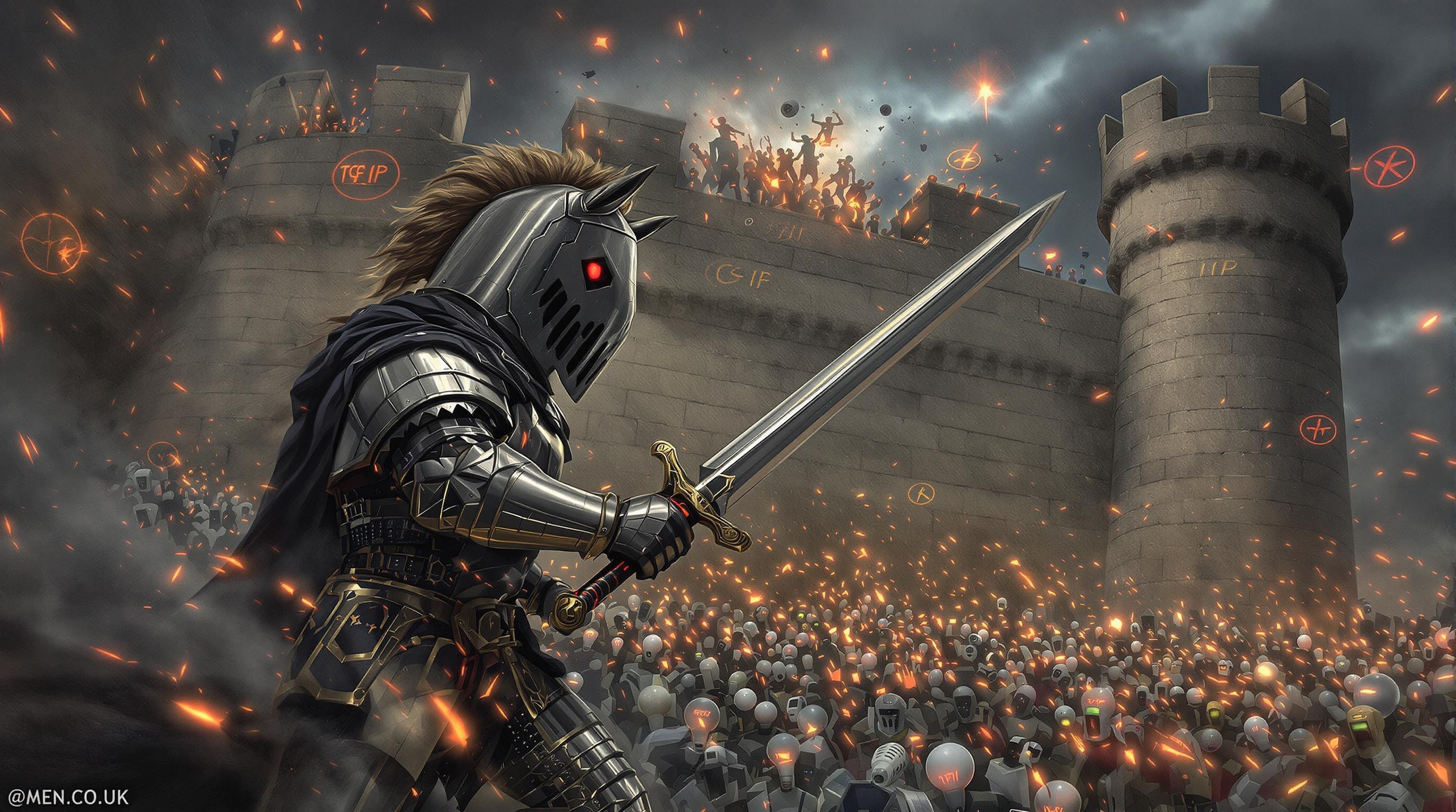 Illustration d'une attaque DDoS avec des chevaliers médiévaux et un botnet