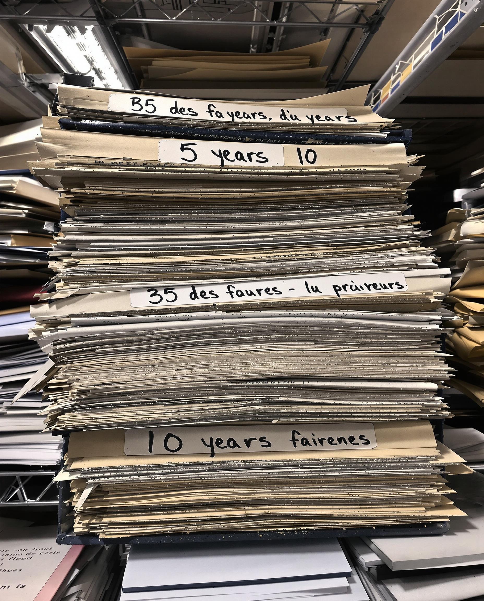 classeur d'archives bancaires débordant avec étiquettes 5 ans et 10 ans