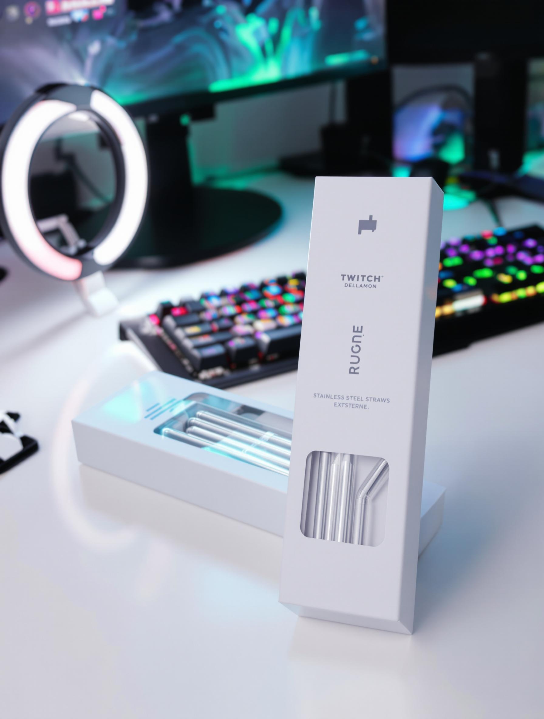 Colis de pailles inox brandé par une influenceuse, bureau avec Twitch et ring light