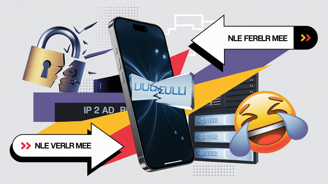 Collage digital FAQ URL : smartphone, cadenas cassé, emoji pleurant, IP serveur.