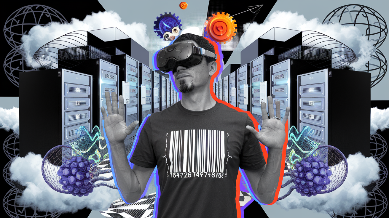 Sundar Pichai casque VR serveurs IA cloud quantique t-shirt code-barres