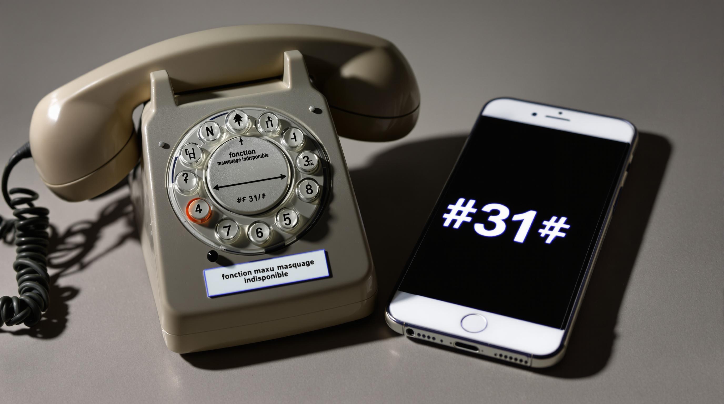 Téléphone analogique incompatible à côté d’un smartphone affichant #31#