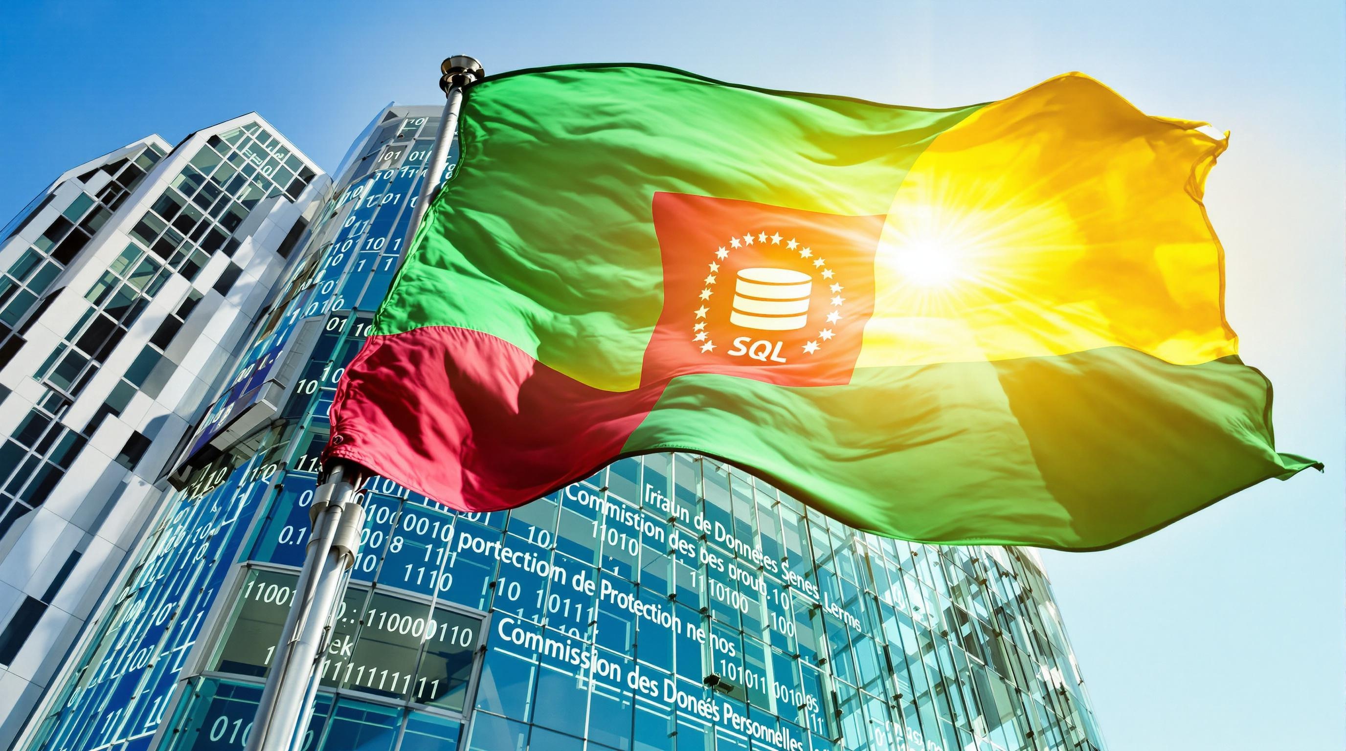 Bâtiment moderne de la Commission de Protection des Données Personnelles à Dakar, drapeau sénégalais flottant sous le soleil, symbole de l’autorité qui veille sur vos bases SQL