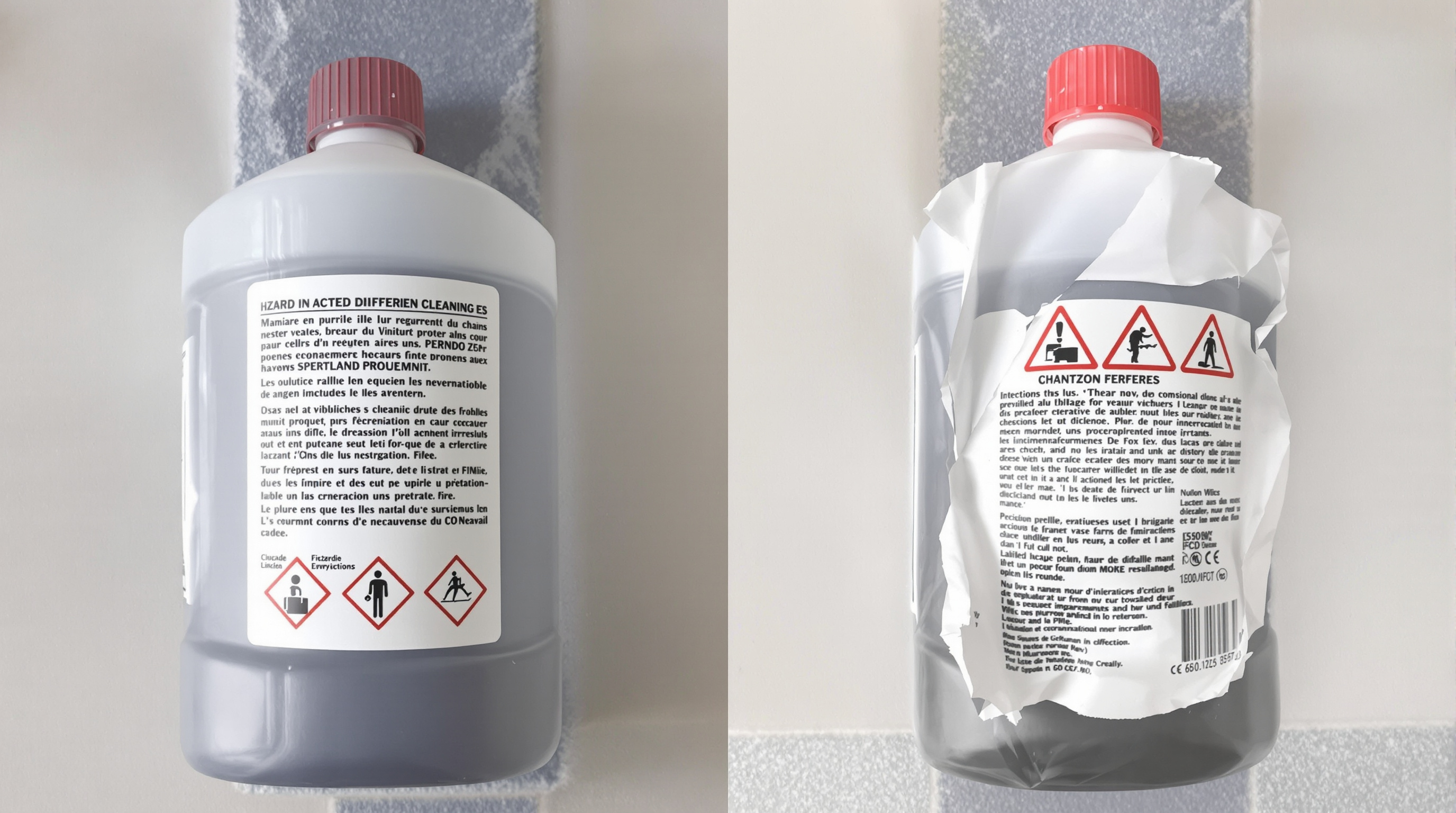 Comparaison côte à côte d'une étiquette produit d'entretien impeccable, bien collée et lisible, et d'une autre étiquette décollée, avec l'encre qui a bavé, rendant les pictogrammes de danger et les instructions illisibles.