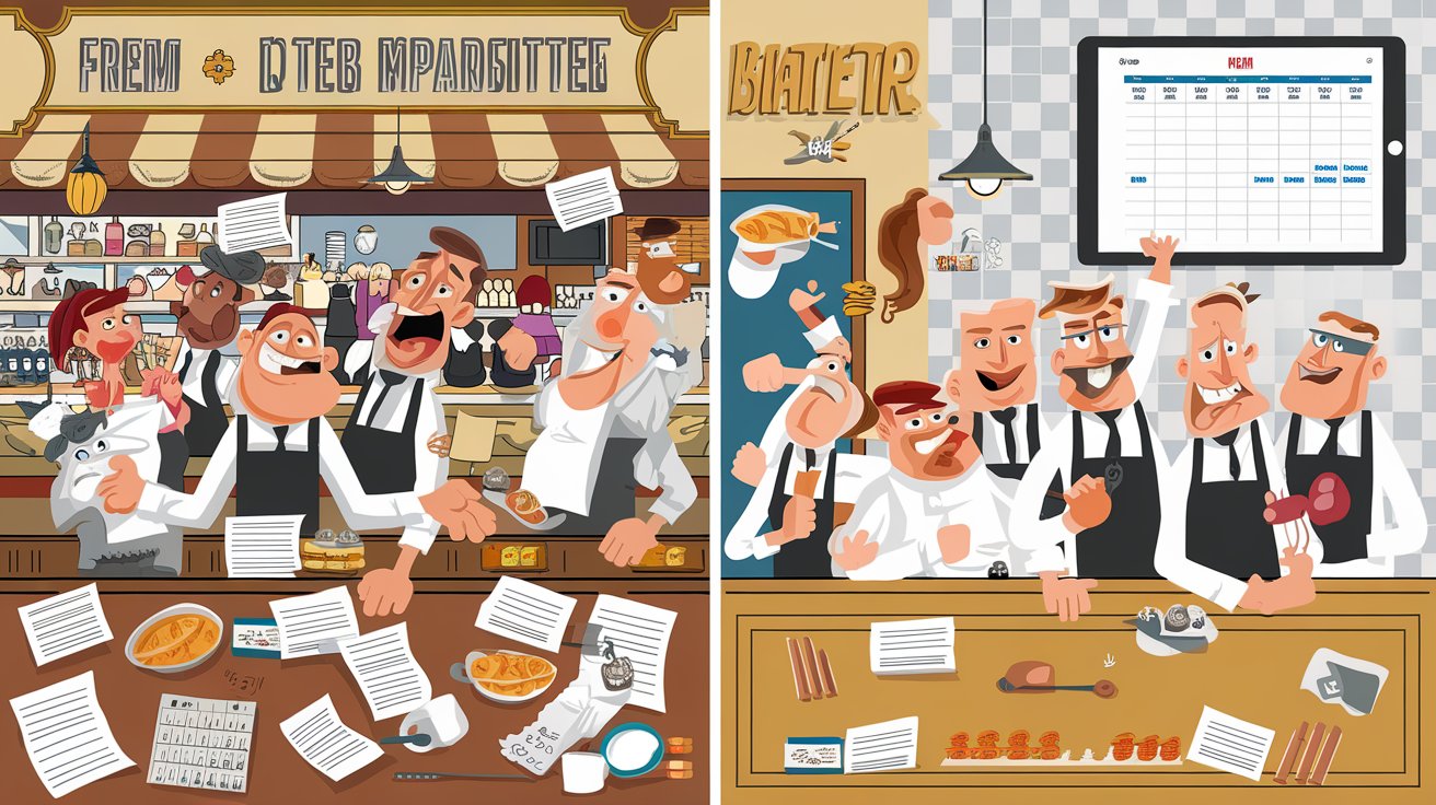 Comparaison visuelle humoristique planning manuel vs WFM dans un restaurant.