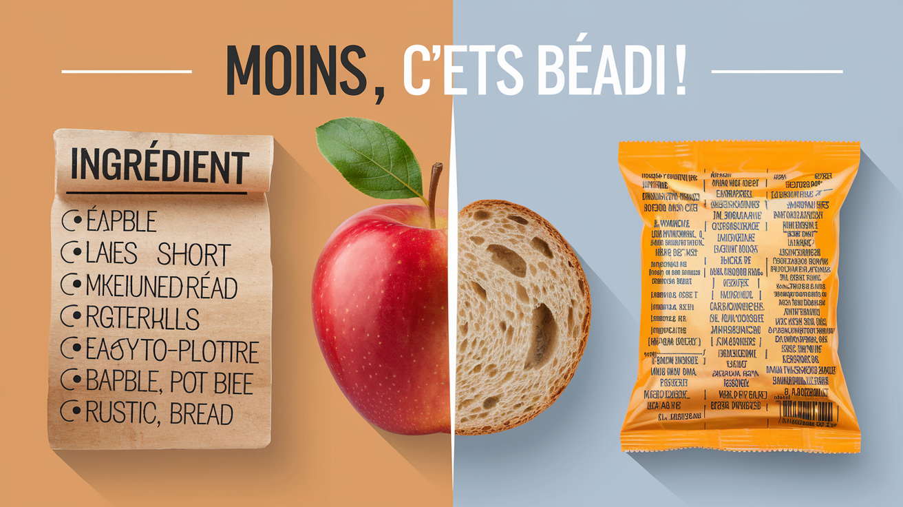 Comparaison visuelle entre une liste d'ingrédients courte et compréhensible sur un produit peu transformé, et une liste longue et technique typique d'un produit ultra-transformé. Illustration du principe 'moins, c'est mieux'.