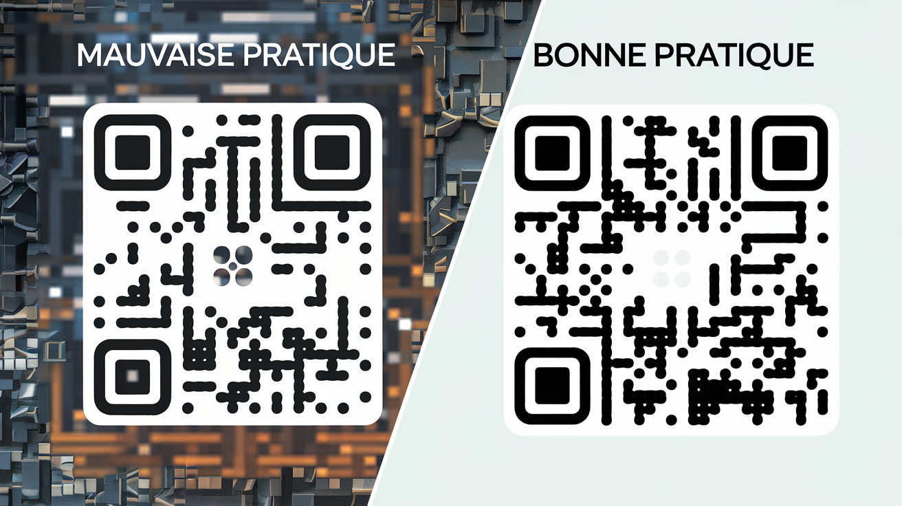 Comparaison entre un QR code illisible (flou, faible contraste) et un QR code lisible (net, fort contraste) illustrant les bonnes pratiques