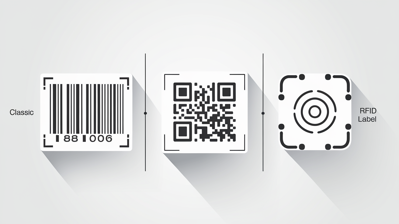 Comparaison visuelle code-barres 1D, QR code et étiquette RFID