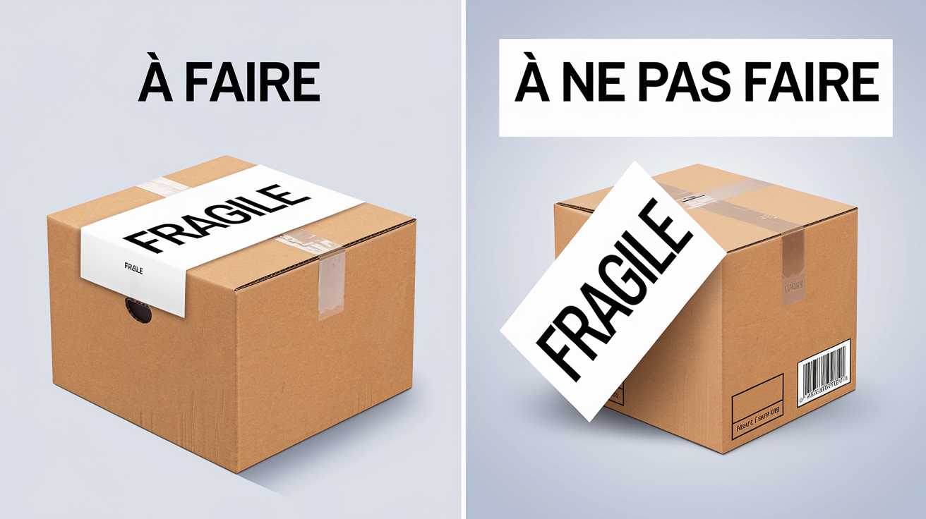 Visuel comparatif : À gauche, carton avec étiquette 'Fragile' bien placée ; à droite, même carton avec étiquette sur un angle.