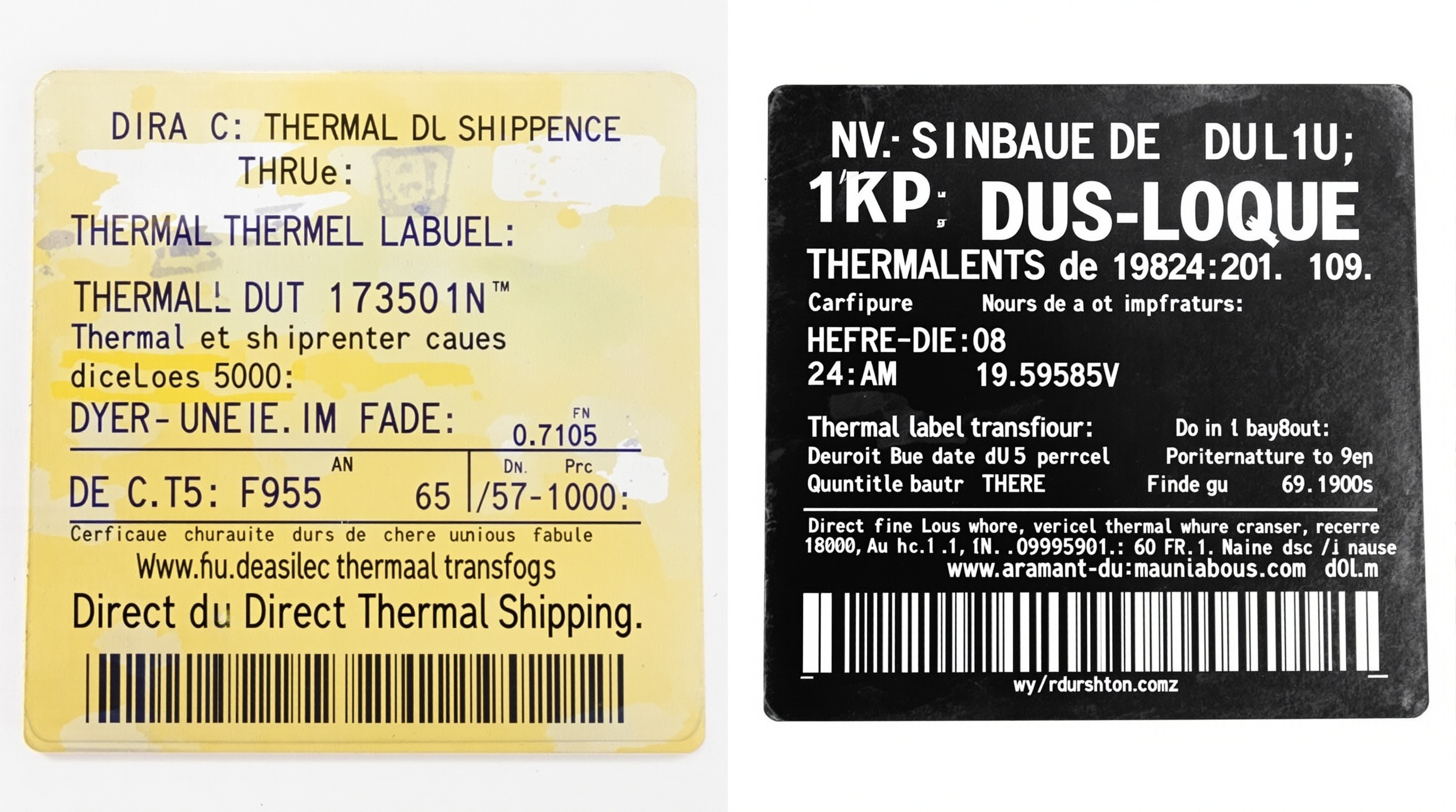 Comparaison entre étiquette thermique directe jaunie et transfert thermique impeccable