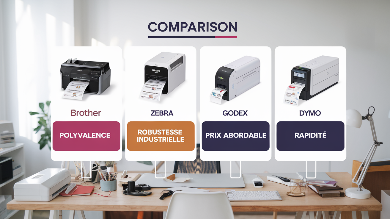 Comparatif visuel des imprimantes étiquettes Brother, Zebra, Dymo et Godex pour PME.