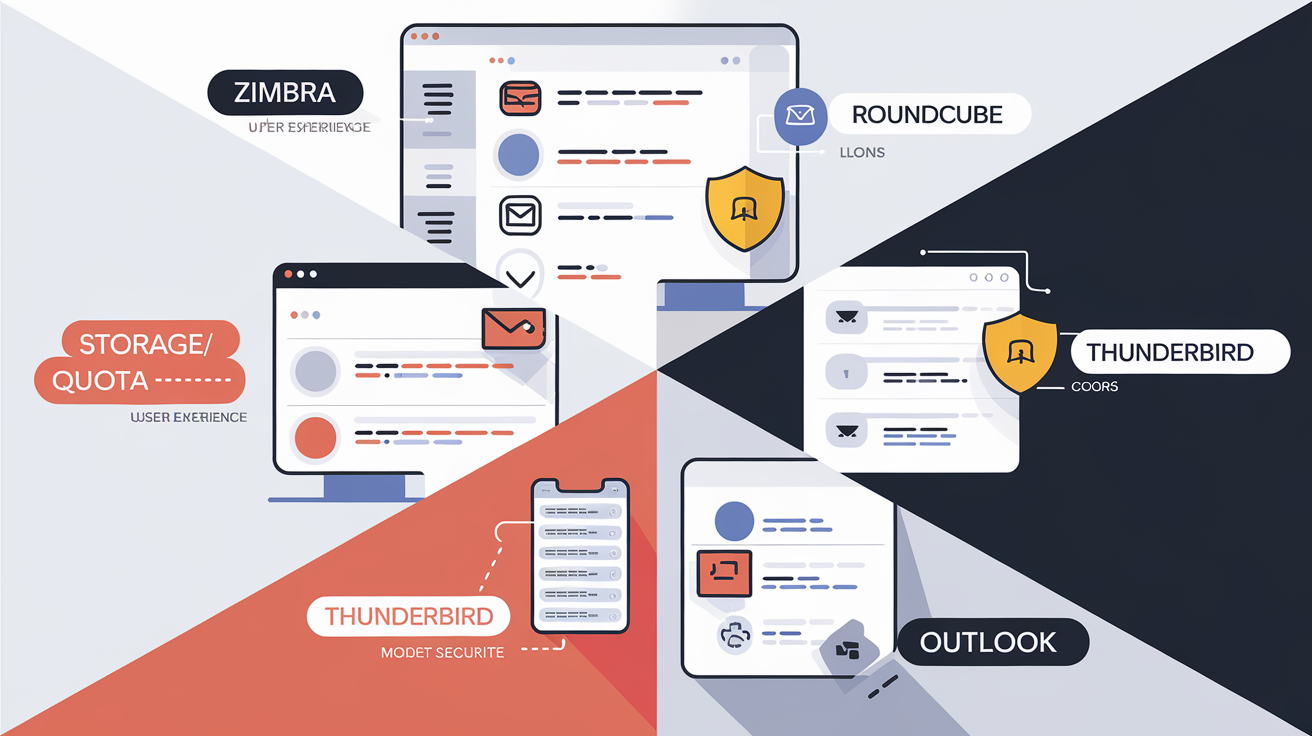 Comparatif des interfaces Zimbra, Roundcube, Thunderbird et Outlook en termes d’UX, quota, sécurité et mobilité.